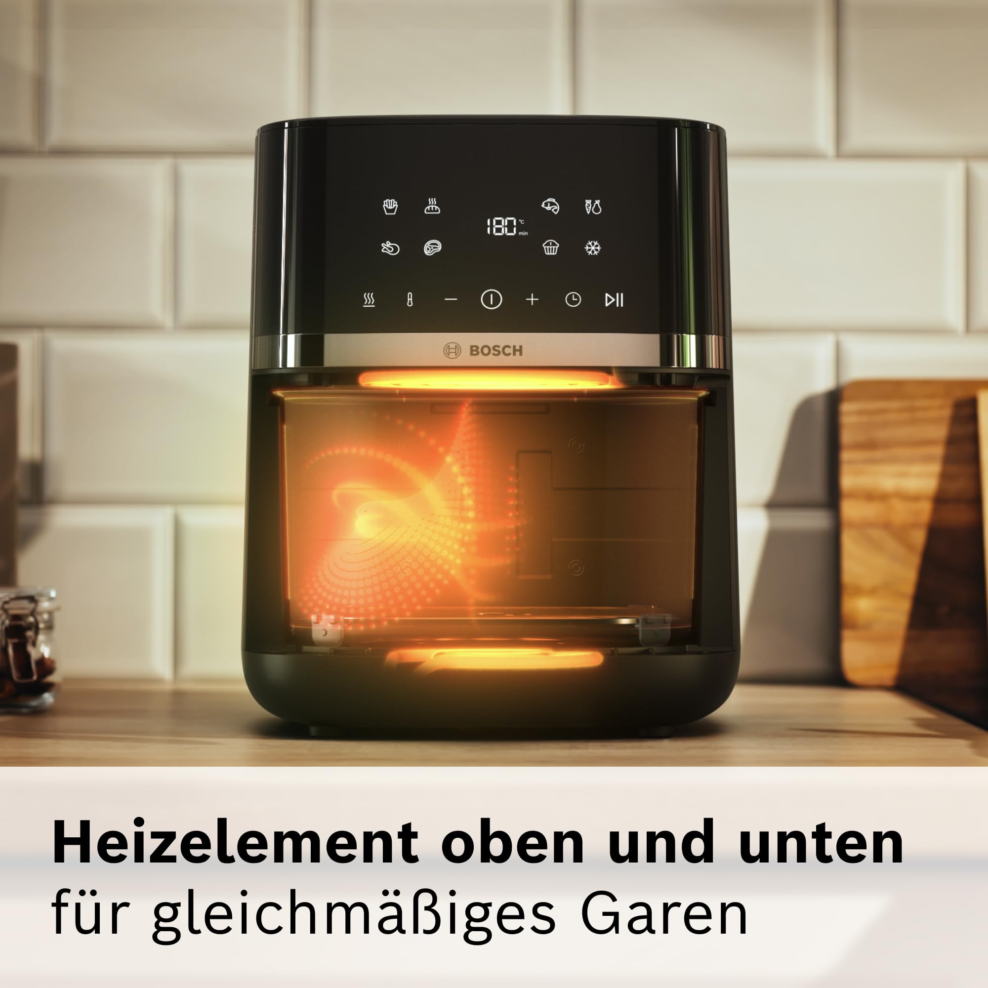 Bosch Heißluftfritteuse Serie 4, XL Air Fryer, schwarz, 6,1 L Fassungsvermögen, 7 Voreinstellungen, Auftau- und Warmhaltefunktion, Touchscreen, bis zu 60% schnelleres Kochen, MAF462B0