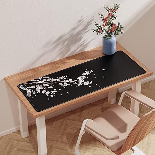 Miniatura 3 de ETZ Alfombrilla de mouse negra con flores de ciruelo japonés (31.5 × 11.8 x 0.12 pulgadas), alfombrilla de escritorio grande extendida, bordes