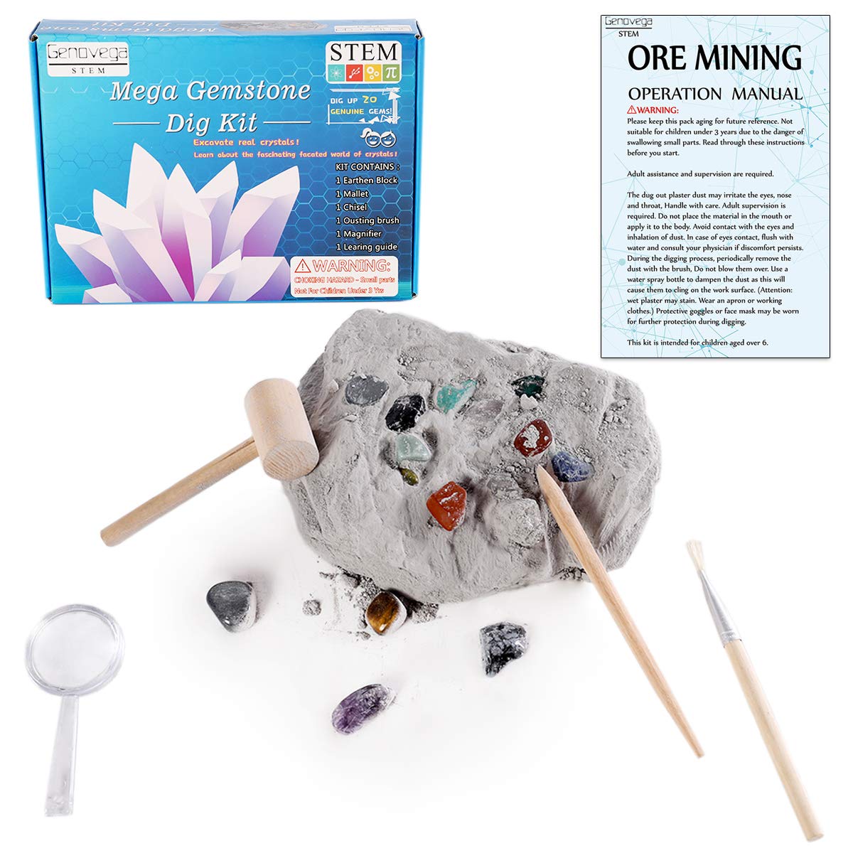 Gemstone Crystal Rock Dig Kit - Science Experiments Toy, Great Educational STEM Gift , Excavate 20 Real Gems Fossils Treasure Geode, Age 4 5 6 7 8 9 10 11 12 Year Old for Kids Boys Girls