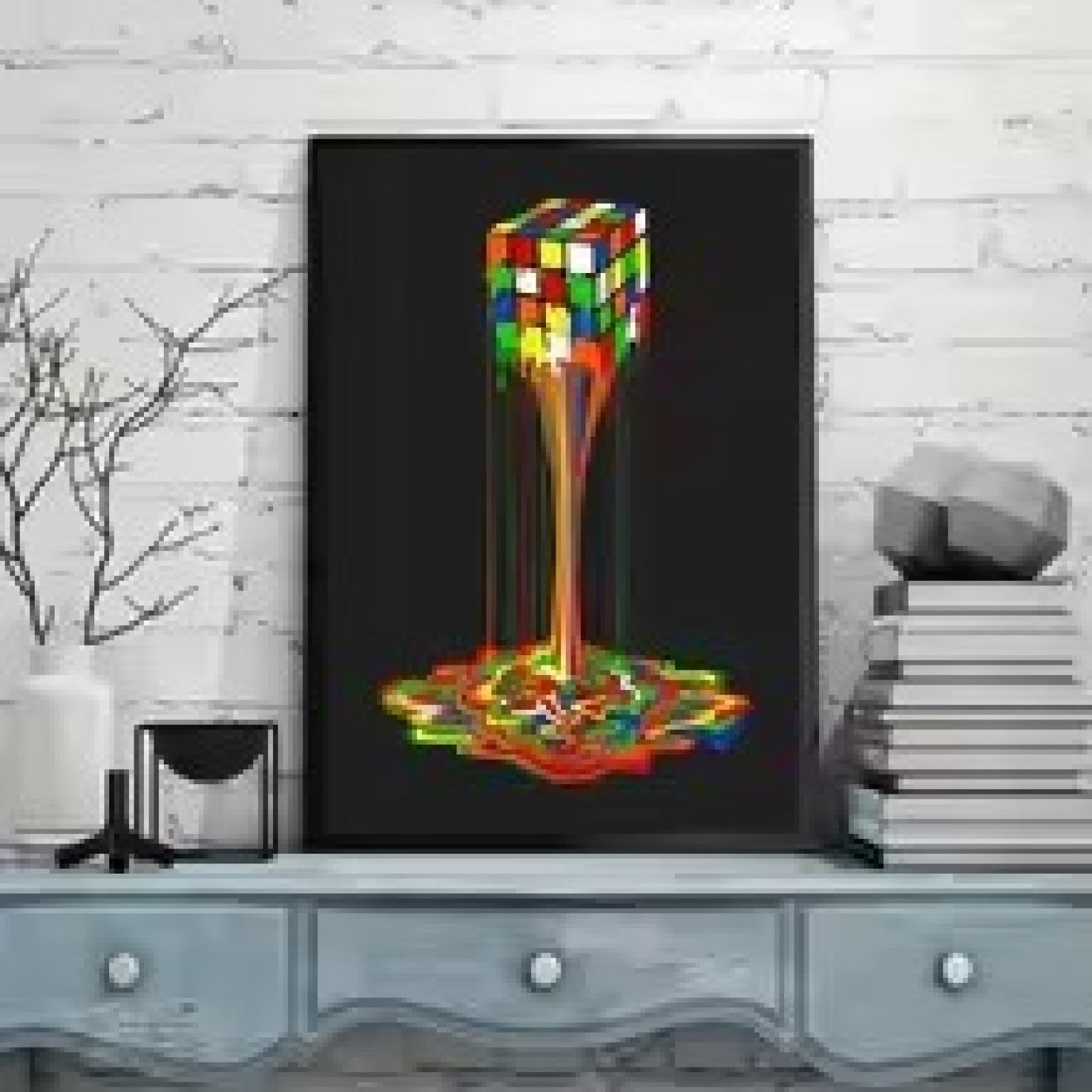 TONGYINLI Klasyczna abstrakcyjna sztuka ścienna czarna edycja kolorowa kostka Rubika wydruk na płótnie plakat dom salon sypialnia dekoracja mural 30 x 40 cm rama