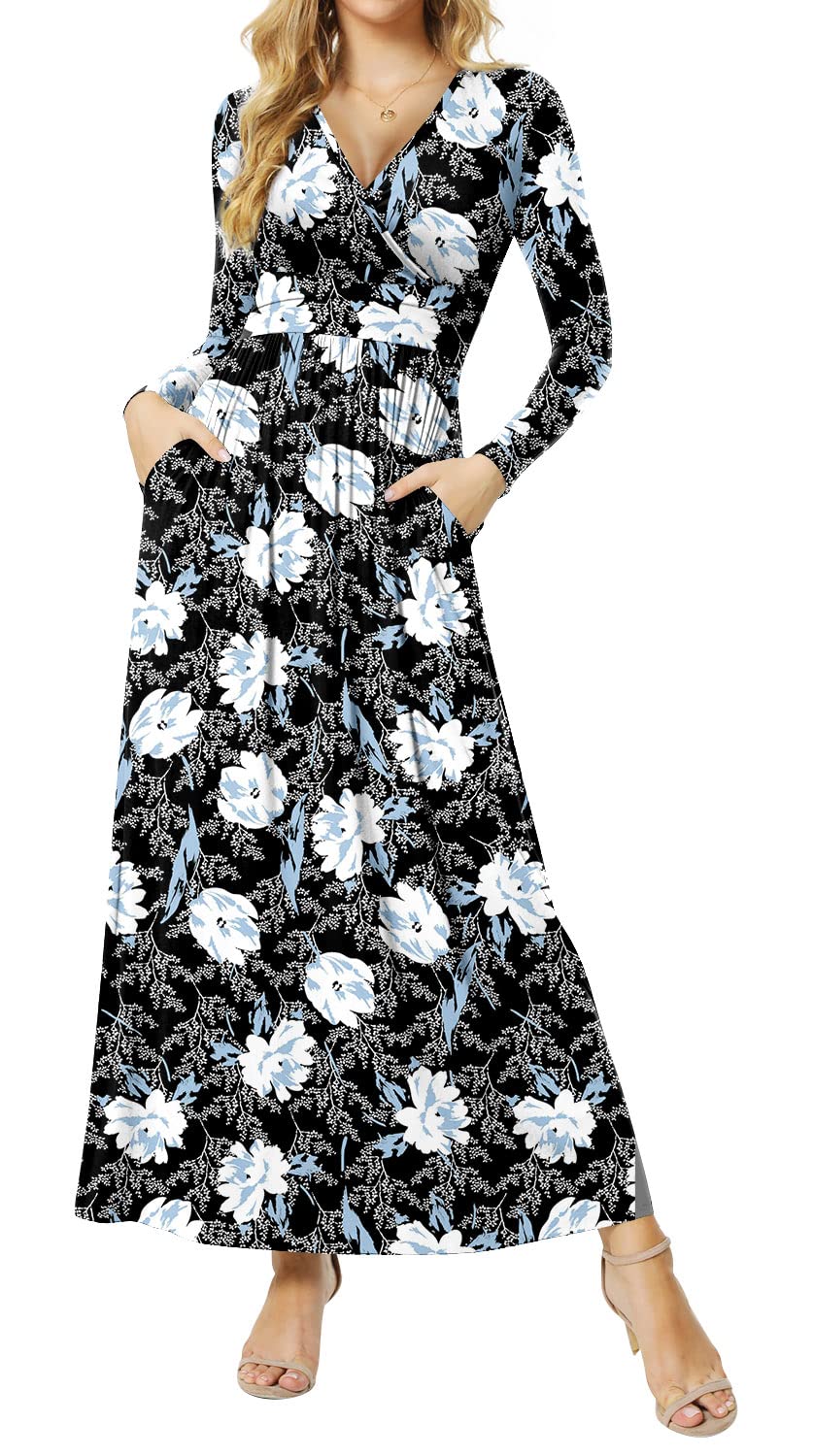 CATHYWomen's Dresses Deep V-Neck Long Sleeve Empire Waist Long Dress Casual with Pockets