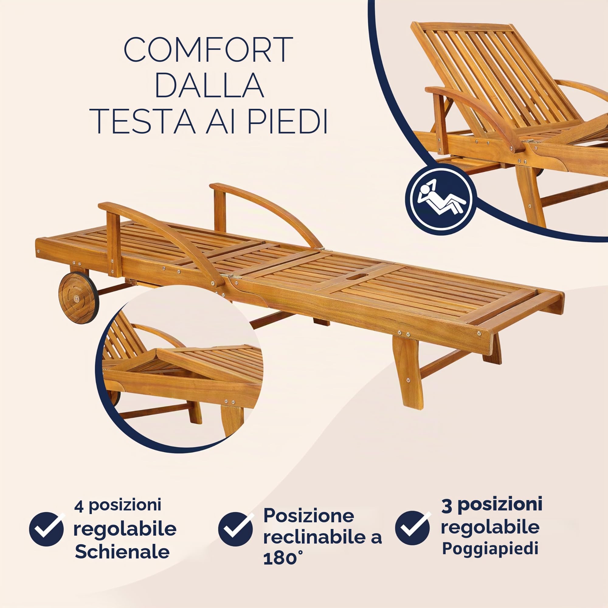 Casaria Sdraio Lettino Prendisole in Legno Acacia 196x69x85 cm | con Tavolino Estraibile, Poggiapiedi, Sedia Lettini, Sdraie da Giardino Terrazza Esterno, Sauna