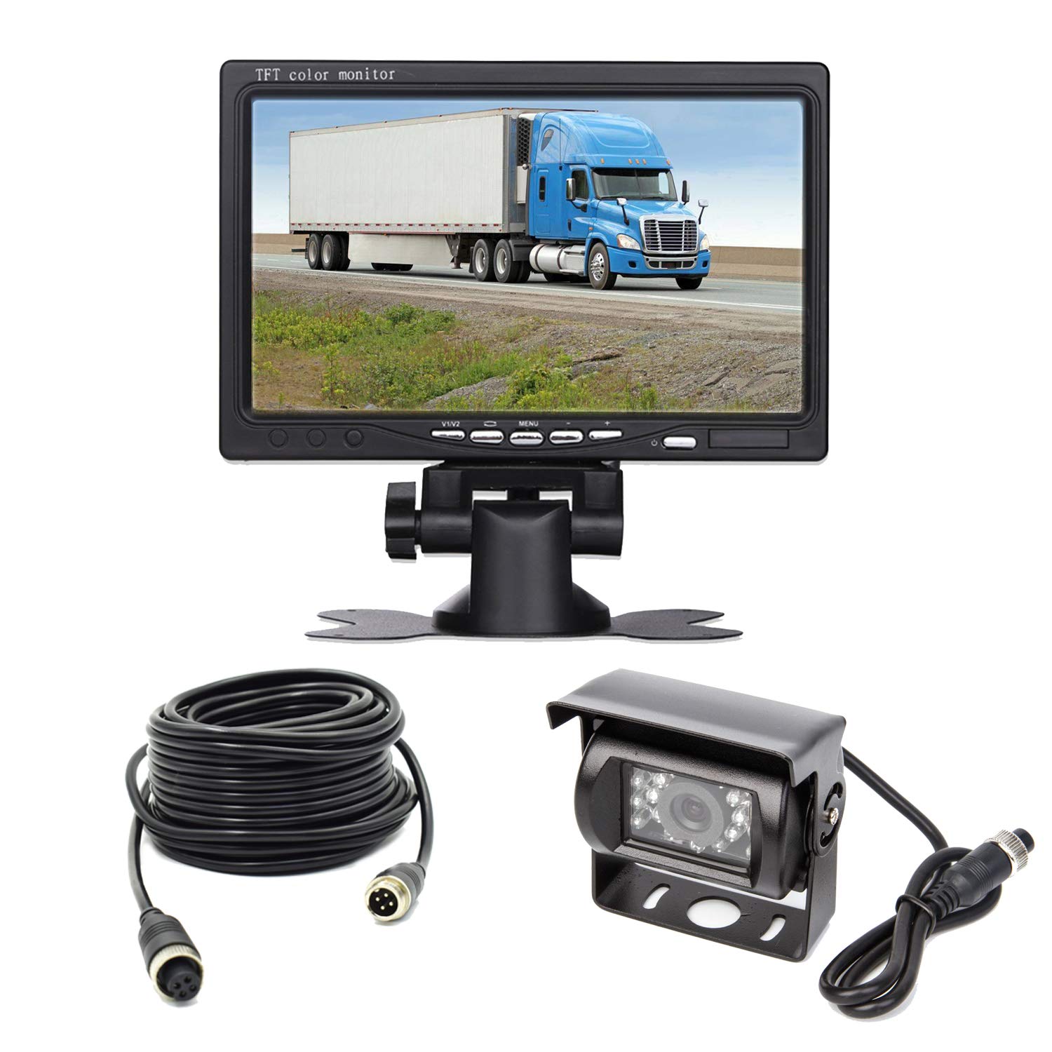Vehicle Backup Camera 7" TFT Monitor,18 IR Night Vision Rear View Camera Without Gride Line IP 68 Waterproof, 4 Pins Aviation Extension Cable for 33FT Length RVs, Bus, Trailer,Truck