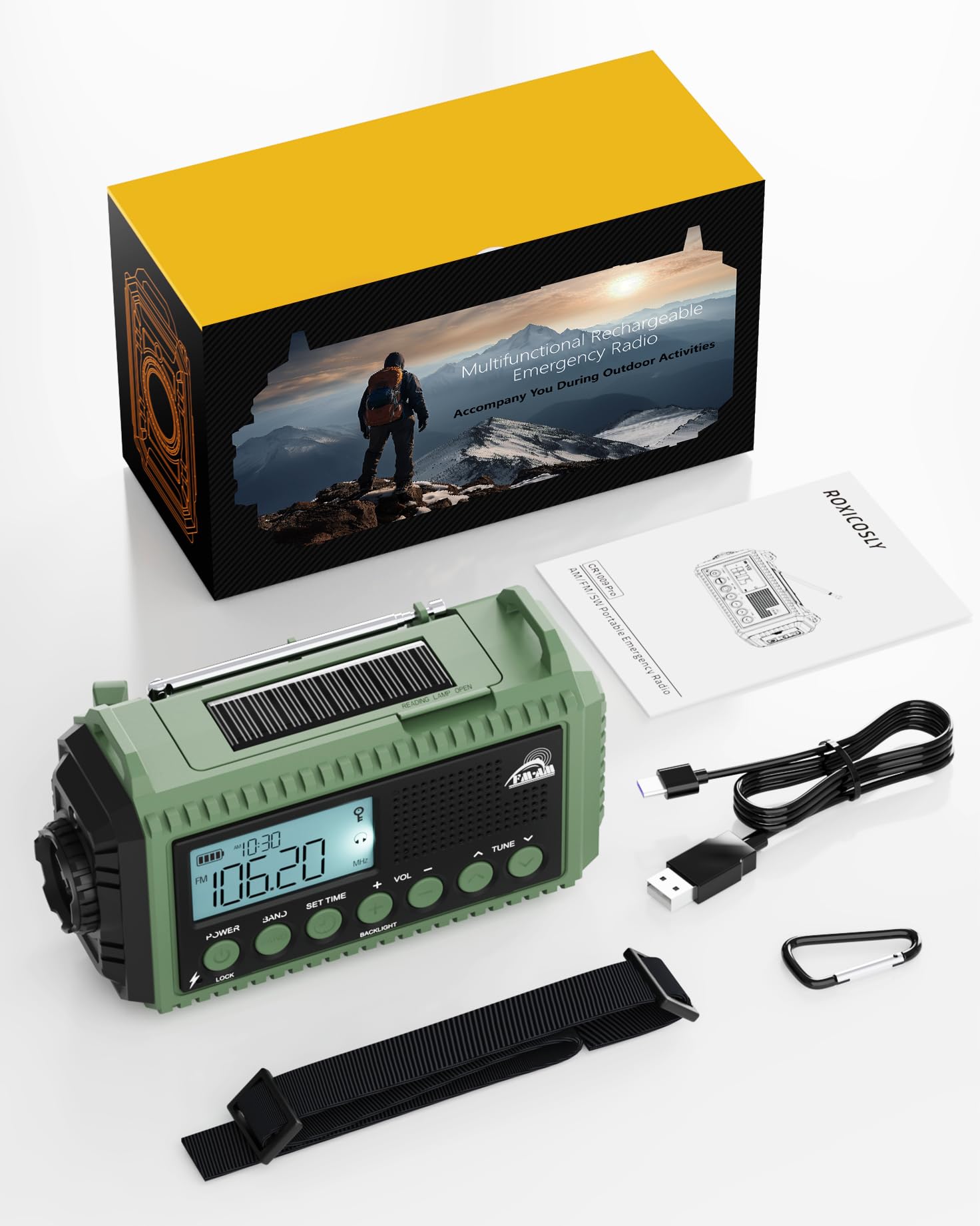 Roxicosly Radio de emergencia AM/FM/SW - Radio solar portátil con batería de 12000 mAh, pantalla LCD, linterna y luz de lectura, USB, alarma SOS, manivela de mano, equipo de emergencia para camping,