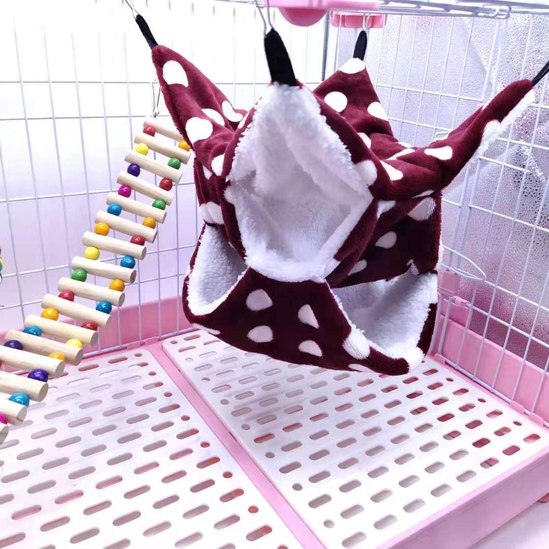 WOWMEOW Hängematte für Kleintierkäfig, warmes Fleece, für Zuckergleiter, Frettchen, Eichhörnchen, S, Burgundy-Dots