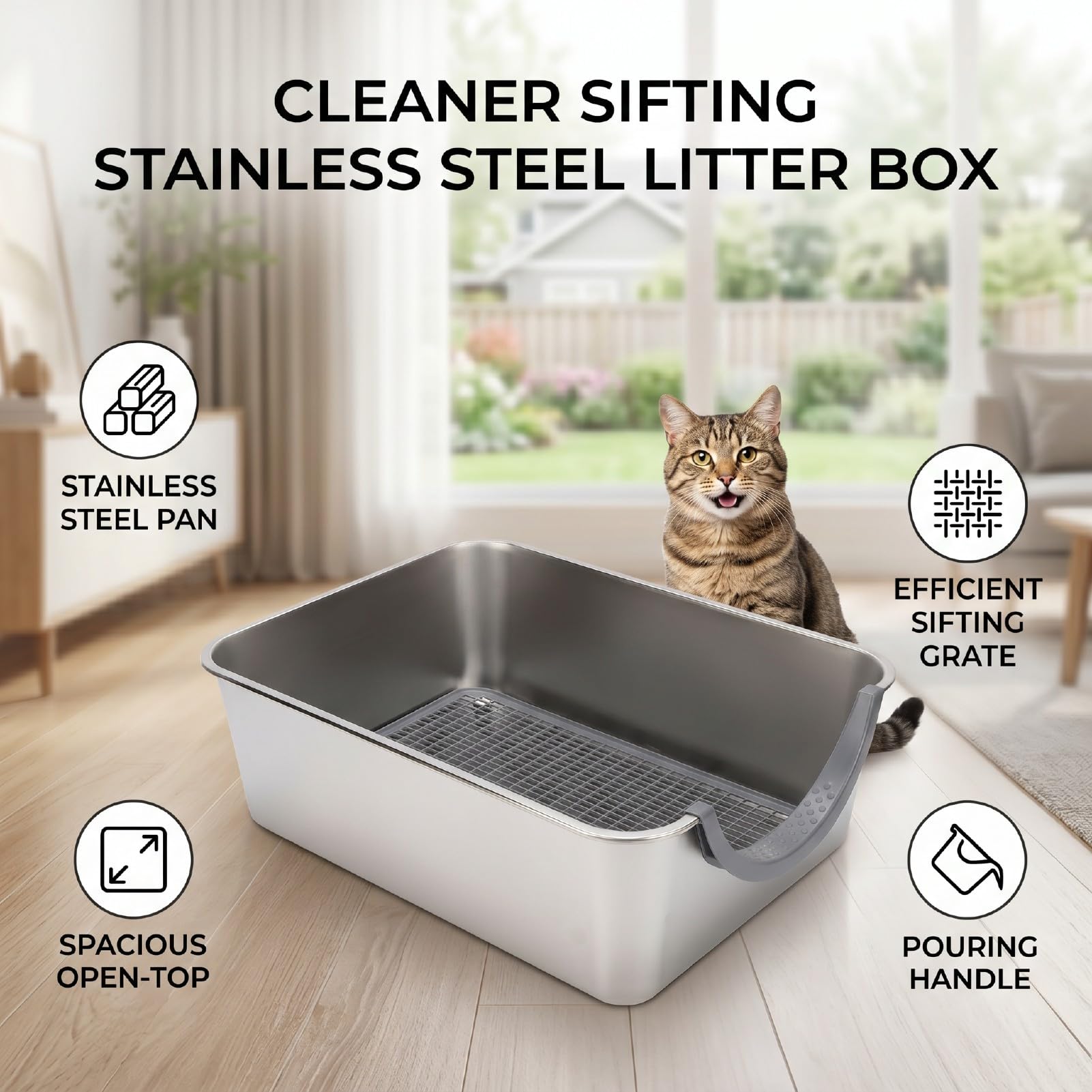 Katzenstreu- und Futterstation, Luxuriöse Katzentoilette aus Edelstahl, Doppelkammer-Design für Große Katzen, Katzenpflege und Hygieneartikel