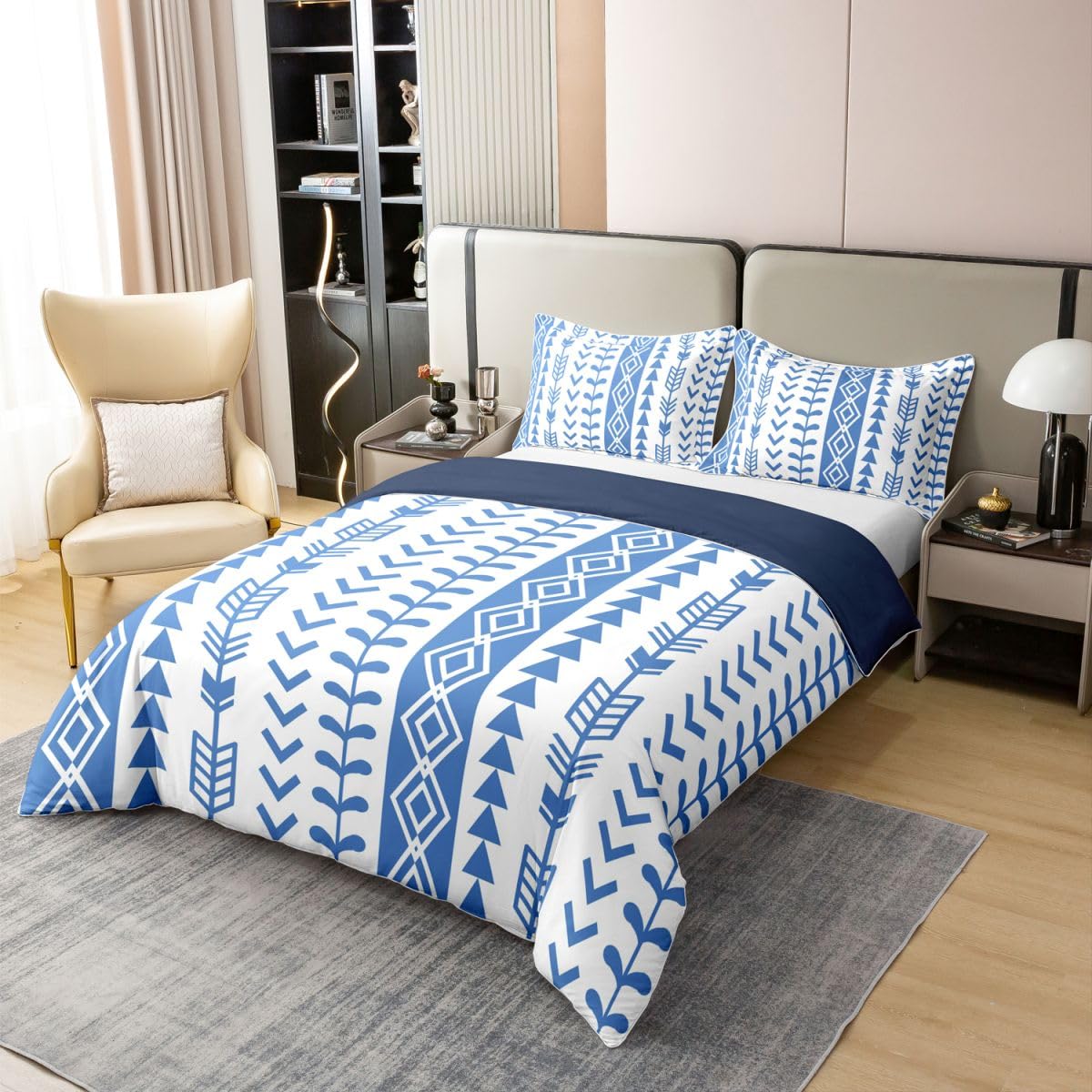 Homewish Boho Arrow poszewka na kołdrę podwójna z 2 poszewkami na poduszki - niebieski zachodni aztecki zestaw pościeli bawełna południowo-zachodnia rdzenna czeska poszewka na kołdrę rustykalne