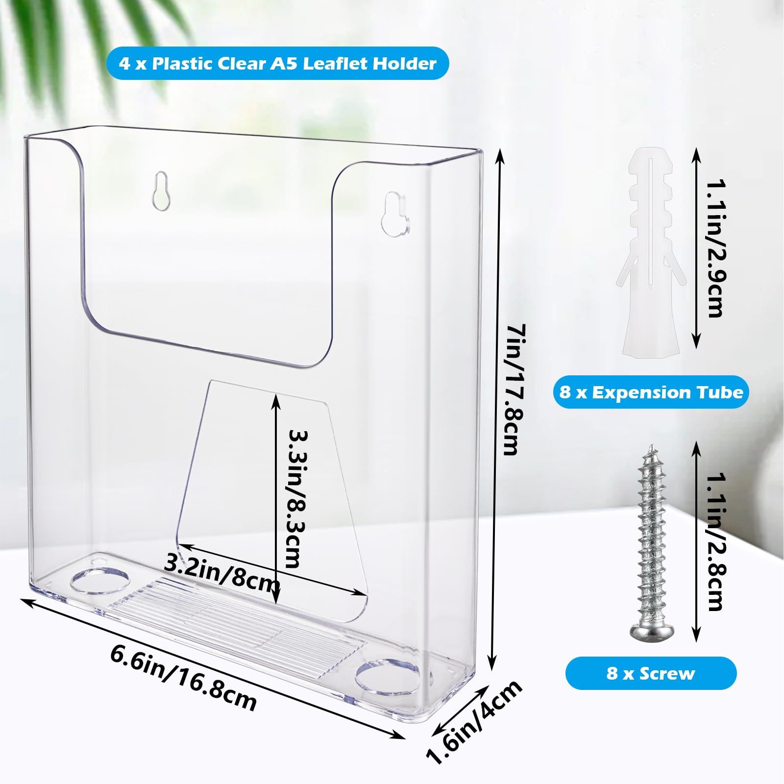 Paquete de 4 soportes para folletos de menú A5 con fijaciones, soporte transparente para documentos, folleto expositor pared, soporte de literatura para oficina, restaurantes, recepción