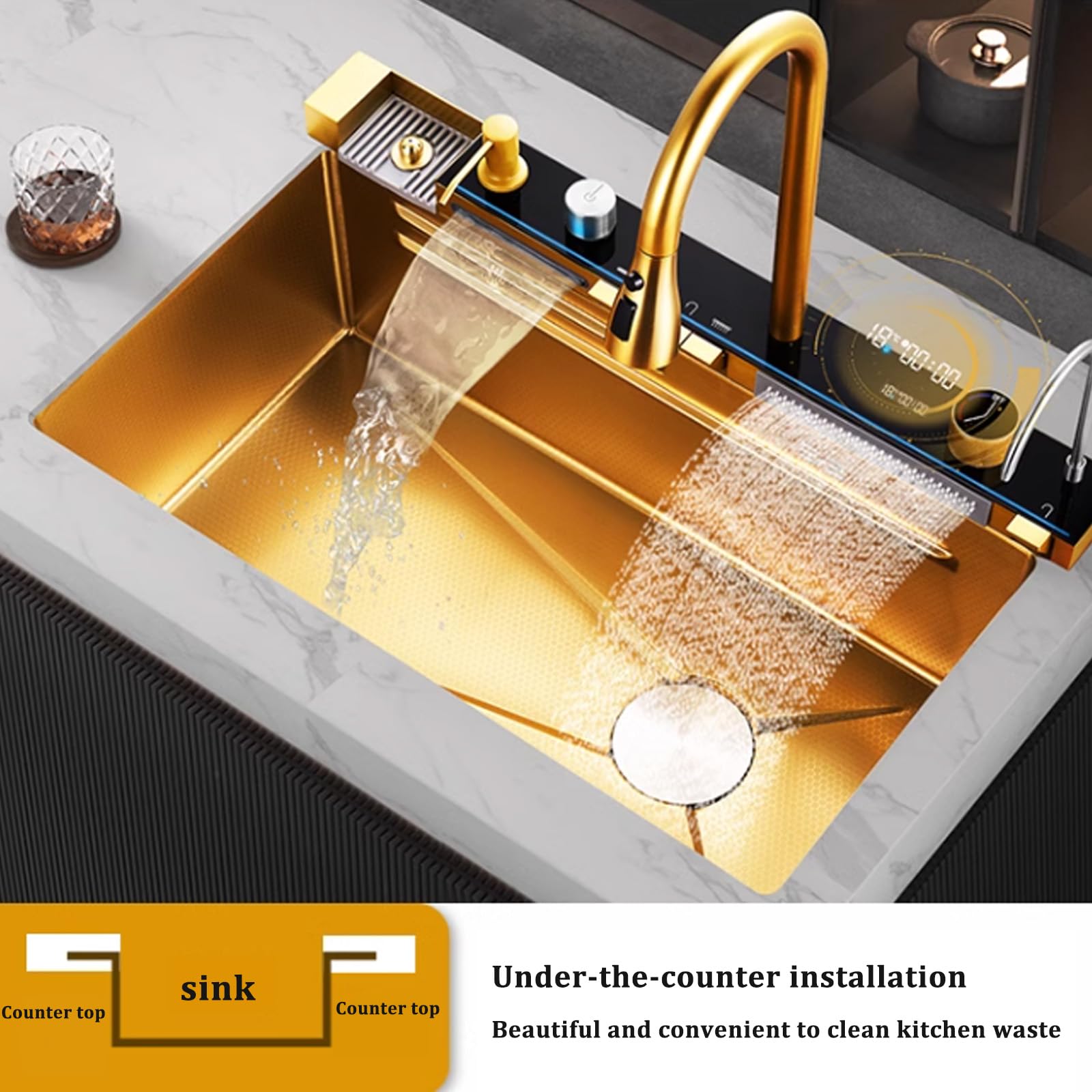 304 inless stalowy zlewozmywak kuchenny z kranem wodospadowym – pojedyncza miska czarno-biały wielofunkcyjny zlew z akcesoriami Clete (80 x 46 x 22 cm) do nowoczesnych kuchni