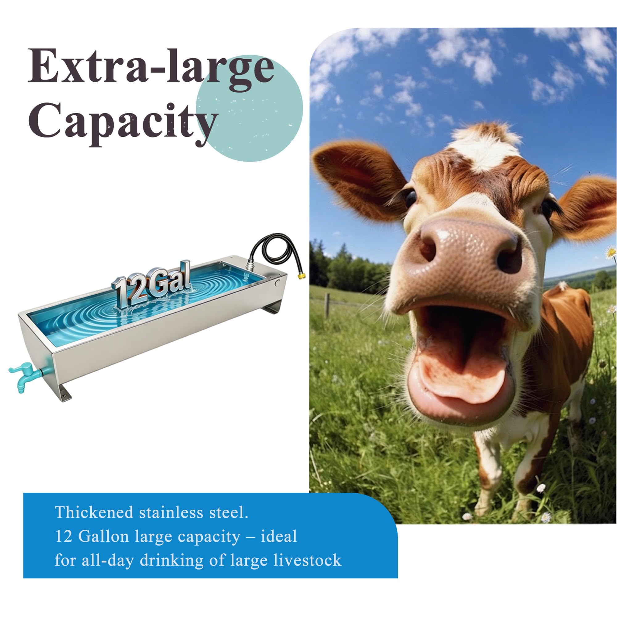 Dispensador automático de cuenco de agua grande para perros, bebedero para ganado, acero inoxidable de 12 galones con válvula flotante para ganado, pollo, cabra, caballo, cerdos, aves de corral
