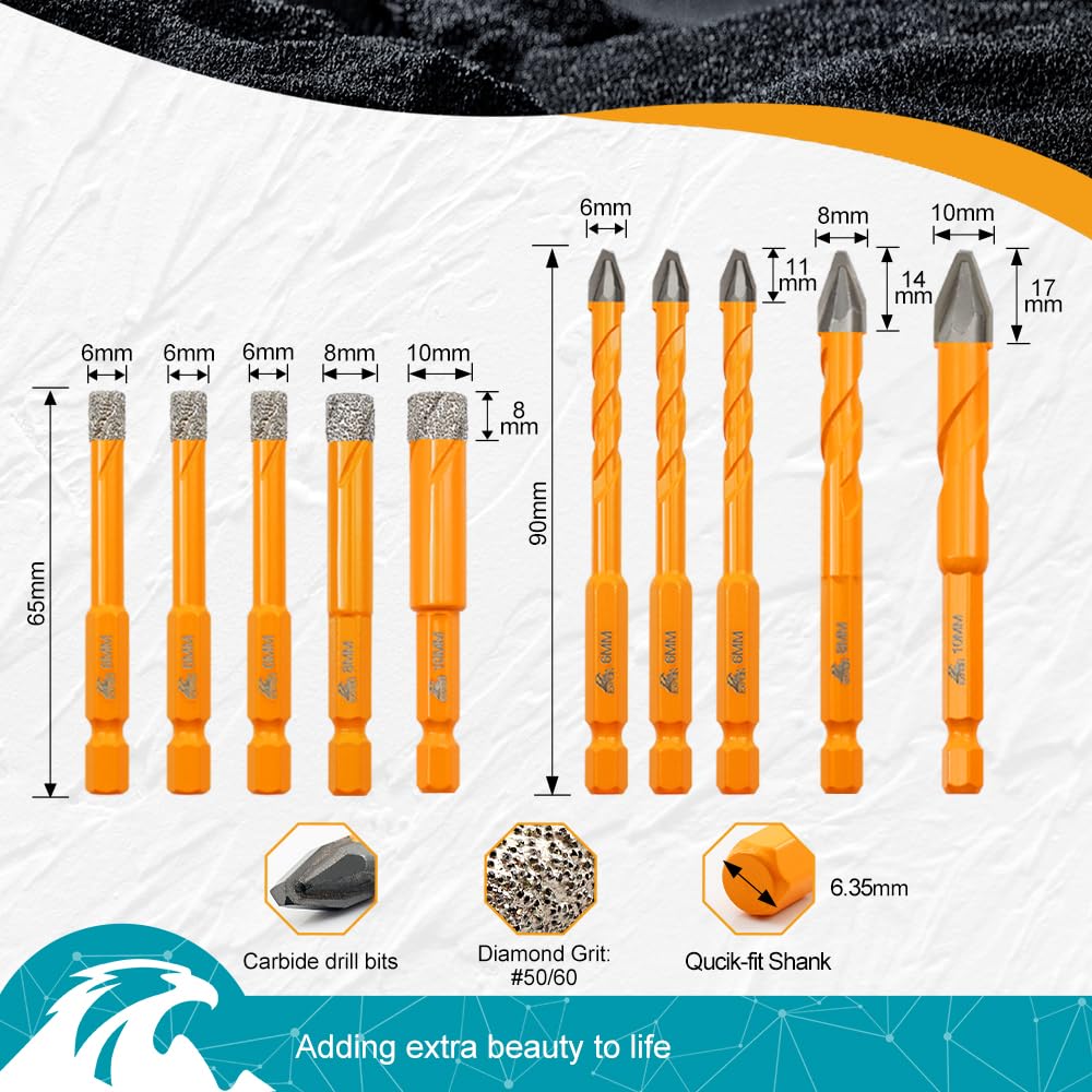EXFEIN Diamond Tile Drill Bits and Carbide Masonry Drill Bits 10pcs/set - Image 2