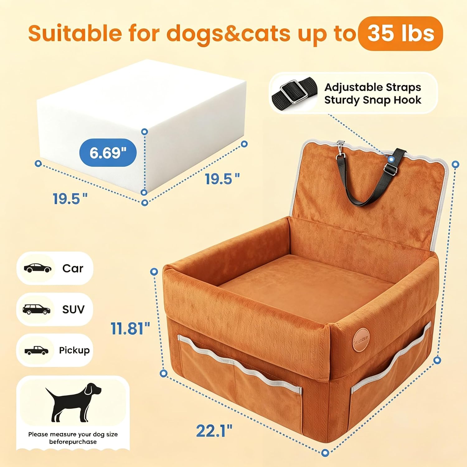 Dog Car Seat Boosters, 6.69" Elevated Car Safety Seat for Small/Medium Dogs up to 35lbs,Comfortable Soft Fabric Covered,Detachable Washable Pet Booster Seat with Safety Belt and Anti-Slip Base
