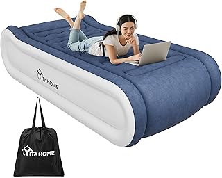 YITAHOME Luxury Air Bed with Integrated Pillow & Built-in Electric Pump, Inflatable Mattress, Quick Self-Inflation/Deflation Blow Up Airbed for Guest, Camping, Single Size, Blue & White