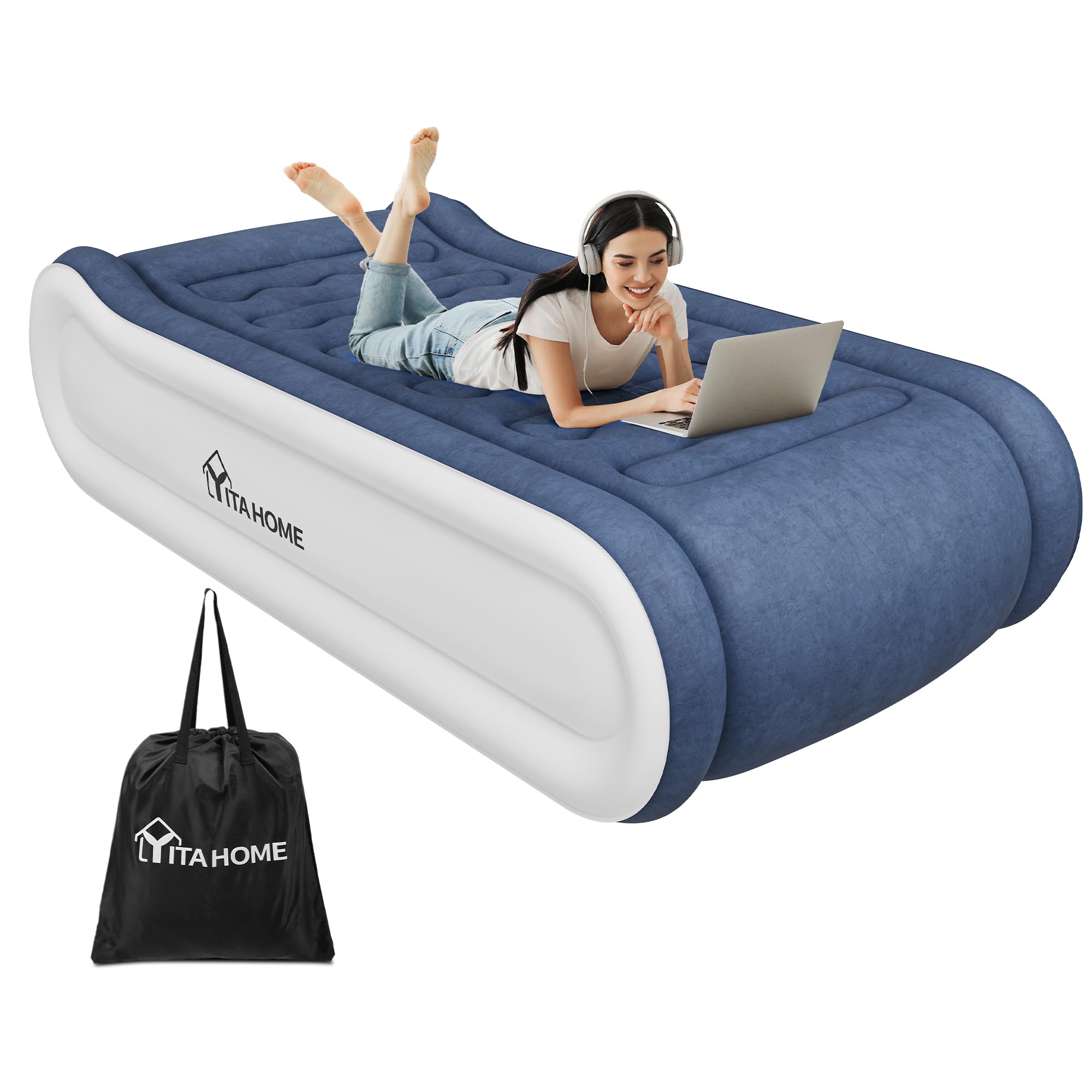 YITAHOME Luxury Air Bed with Integrated Pillow & Built-in Electric Pump, Inflatable Mattress, Quick Self-Inflation/Deflation Blow Up Airbed for Guest, Camping, Single Size, Blue & White