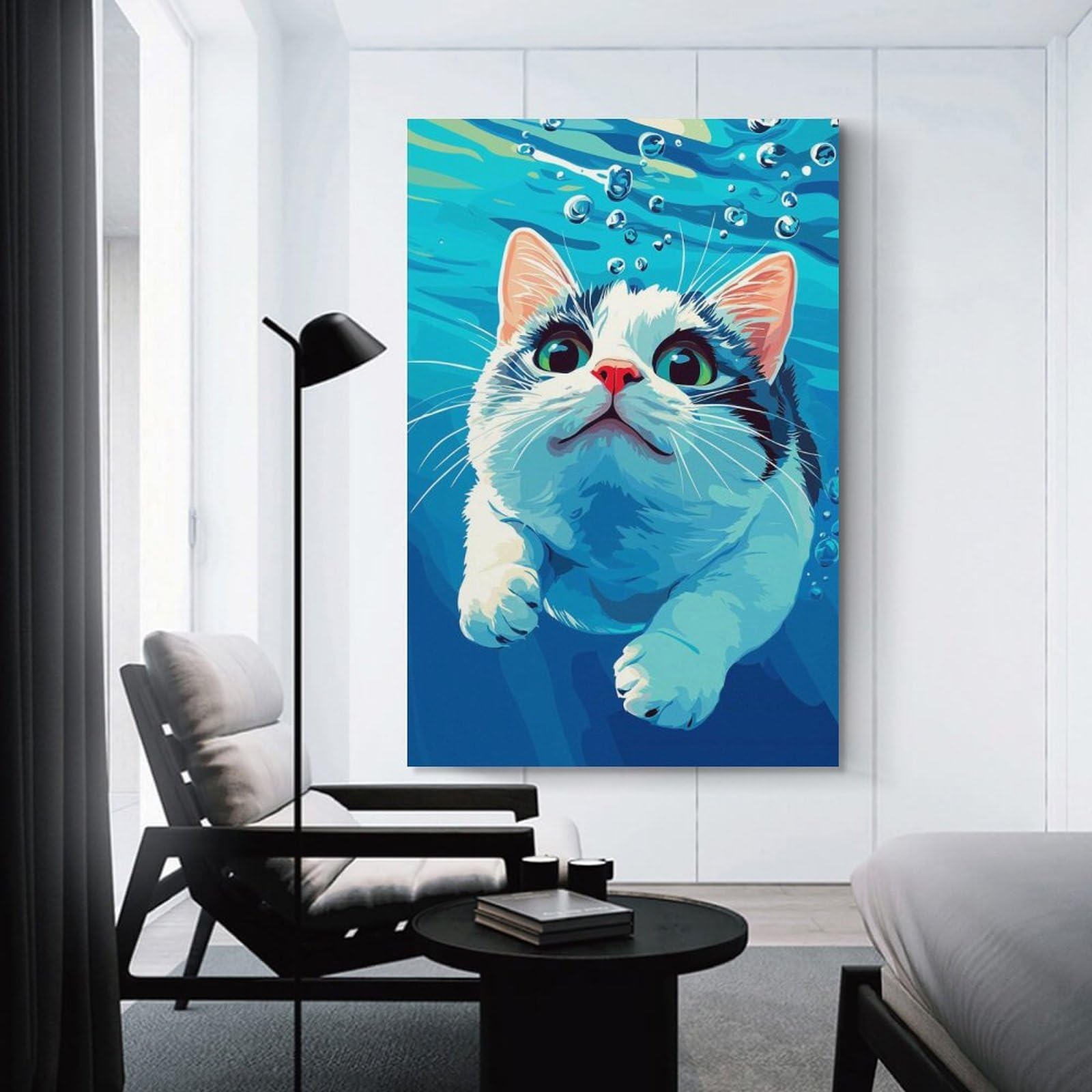 Junmoney Unframe-Style-16 Cat Swimming Underwater Canvas Wall Art, 24X36inch(60X90cm), For Living Room, Bedroom Or Apartment Walls, Decorative Artwork For Empty Walls