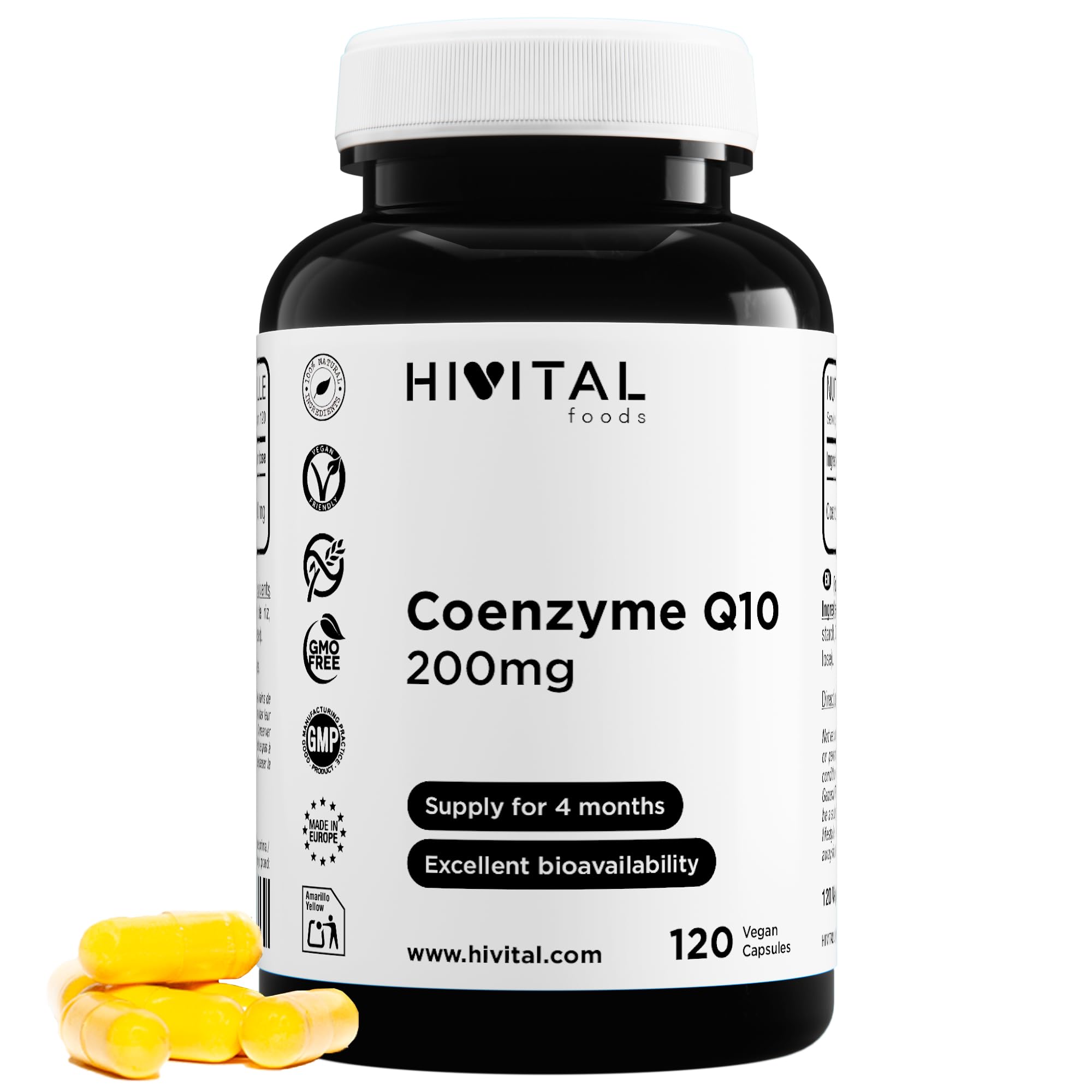 Coenzyme Q10 200 mg. 120 gélules végétaliennes pour 4 mois de traitement. CoQ10 Ubiquinone pure 100% Naturelle obtenue par fermentation. Fabriqué en Europe par HIVITAL