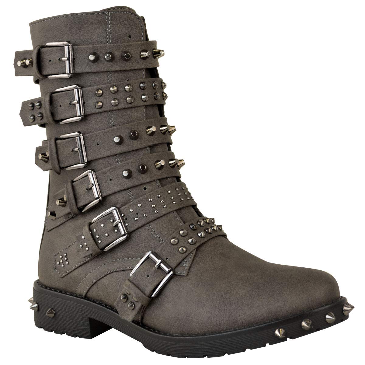 Womens Ladies Biker Trench Buckle Studs Western Fashion Zipper Strappy Shoes Studed Ankle High Boots Flat Low Heel Lace Up Zip Combat Army Military Boot