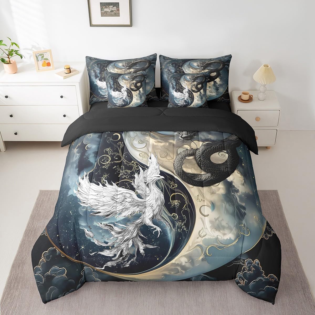 Erosebridal Dragon Bedding Set 7 Pieces Bed in A Bag,Japanese Ukiyoe Comforter Exotic Animal Queen Size Ancient Loong Phoenix Sheet Set for Boys Teen Bedroom, Yin Yang Comforter Set with Sheet