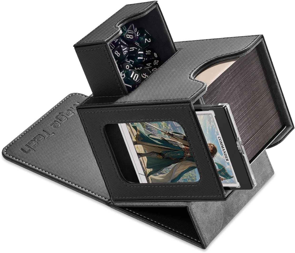 Mage Tech Card Deck Box for MTG Commander - Patented Design, Commander Display, Fits 100 Double-Sleeved Cards, 35pt Card Brick & Dice Tray - Black/Gray