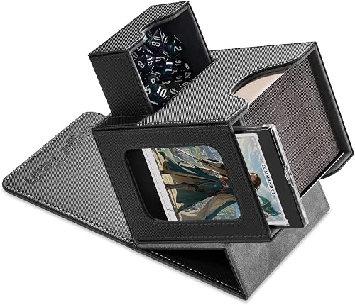 Mage Tech Caja de cartas para MTG Commander, diseño patentado, pantalla Commander, se adapta a 100 tarjetas de doble manga, bandeja de ladrillos y dados de 35 puntos, negro/gris