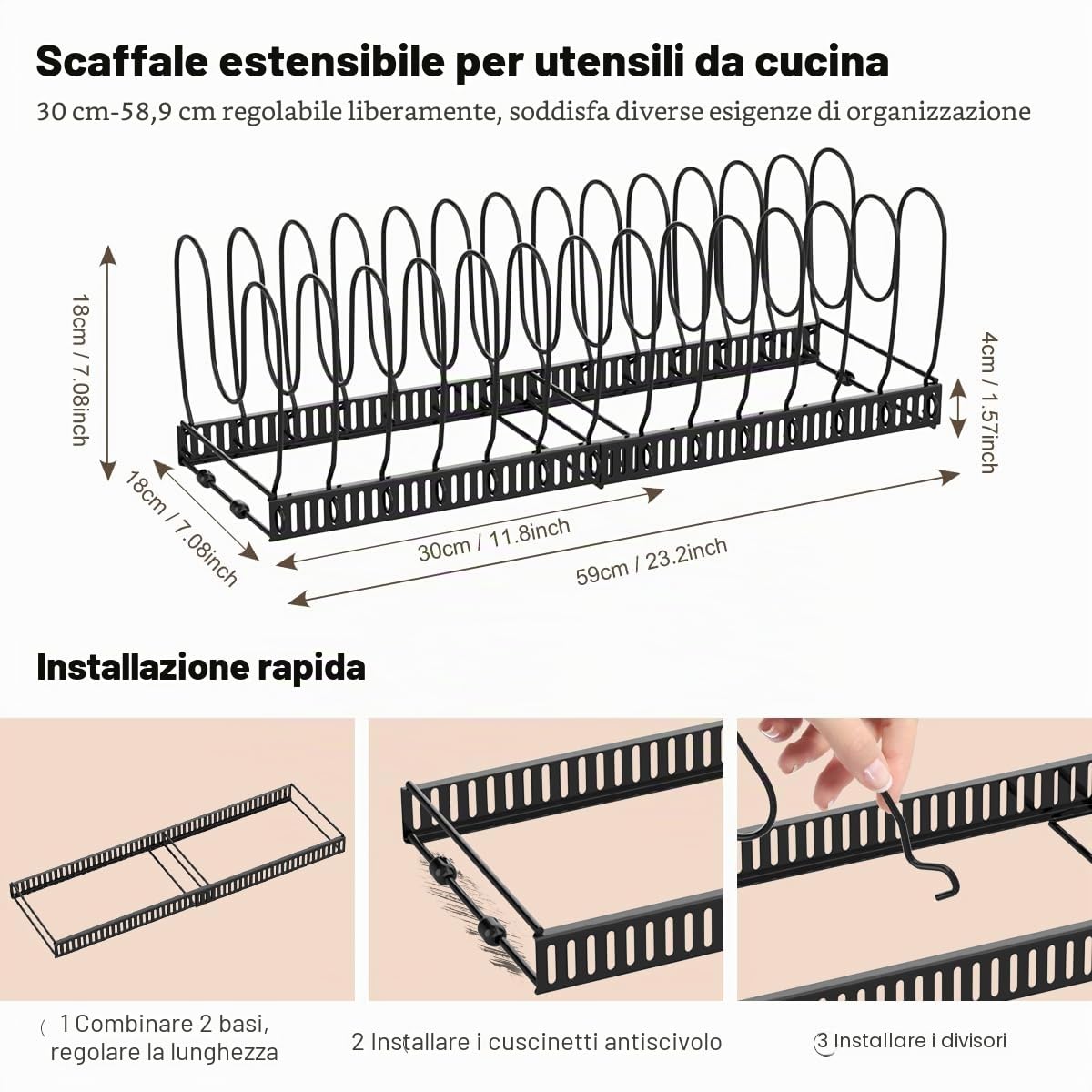 Housolution Porta Pentole e Padelle da Cassettone, Espandibile Porta Coperchi Pentole con 14 Scomparti Regolabili, Organizer Coperchi Pentole e Padelle per Cucina, Nero