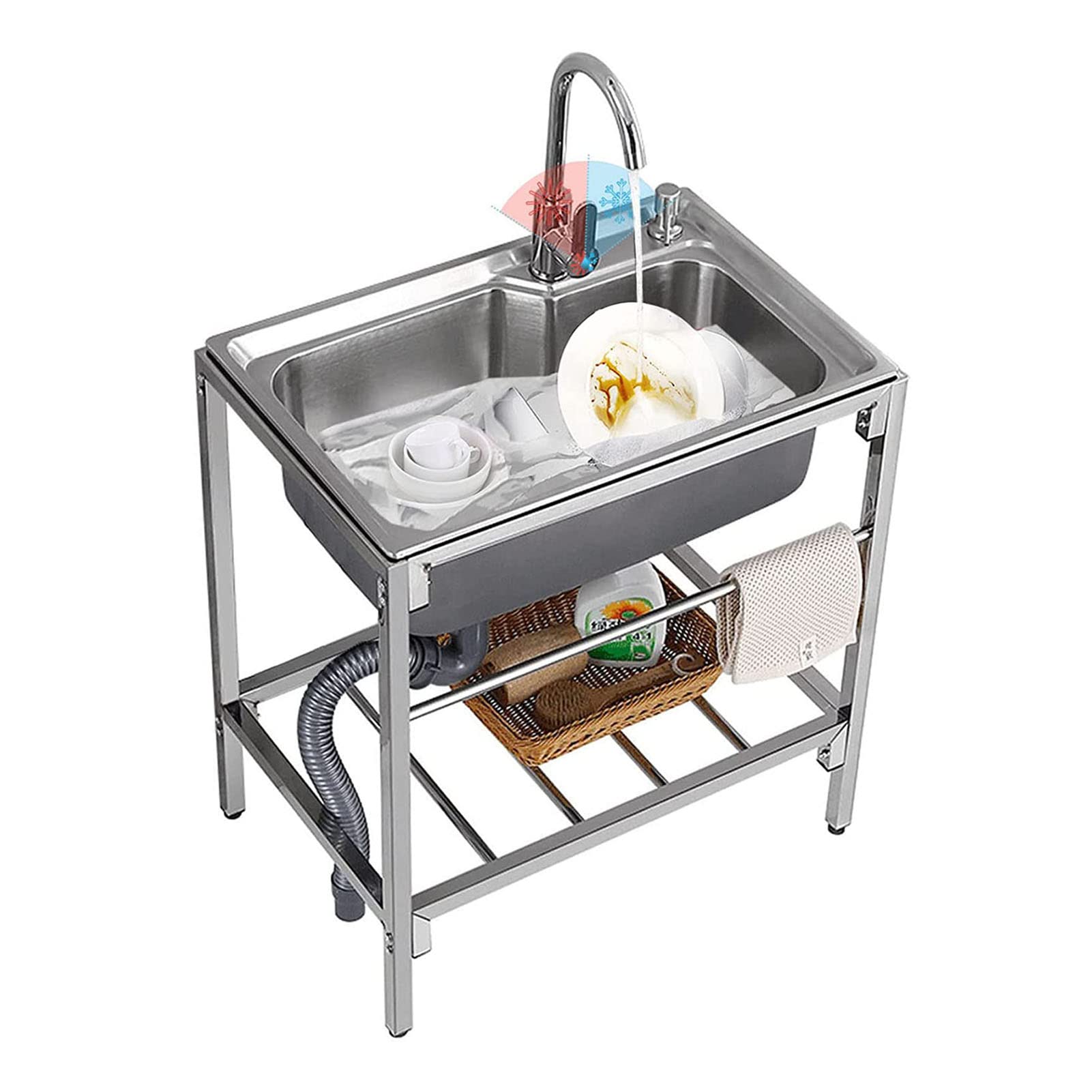 Évier de cuisine en acier inoxydable lavabo autonome 68x44 cm avec robinet et drain