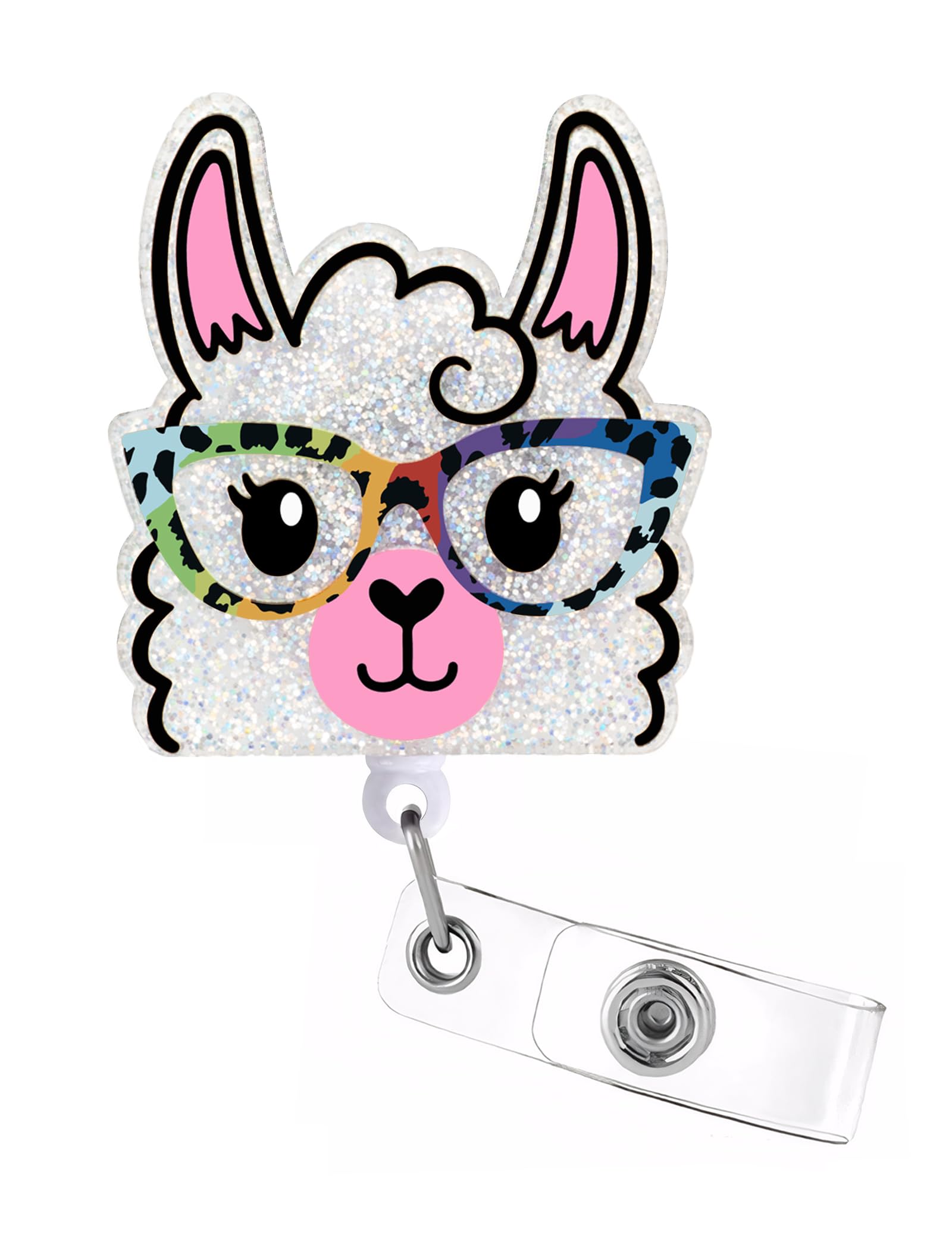 Celokiy Glitter Llama Badge Reel, Retractable ID Card Holder with Rainbow Glasses, White