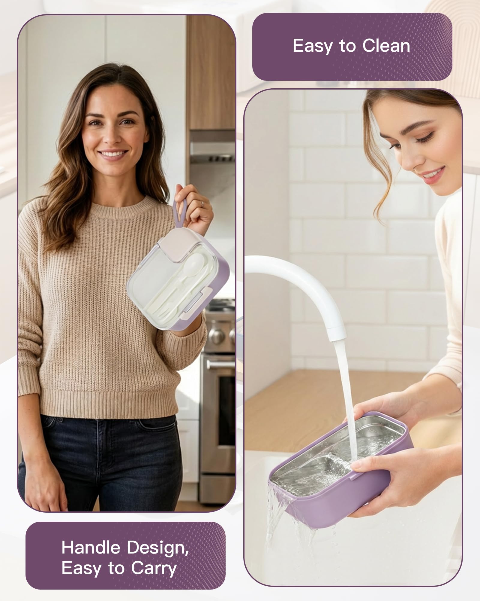 Lille Home Fiambrera ensaladas, 750 ml, acero inoxidable, 2 compartimentos, bol con recipiente para aderezo, fácil de transportar, libre de BPA (morado)