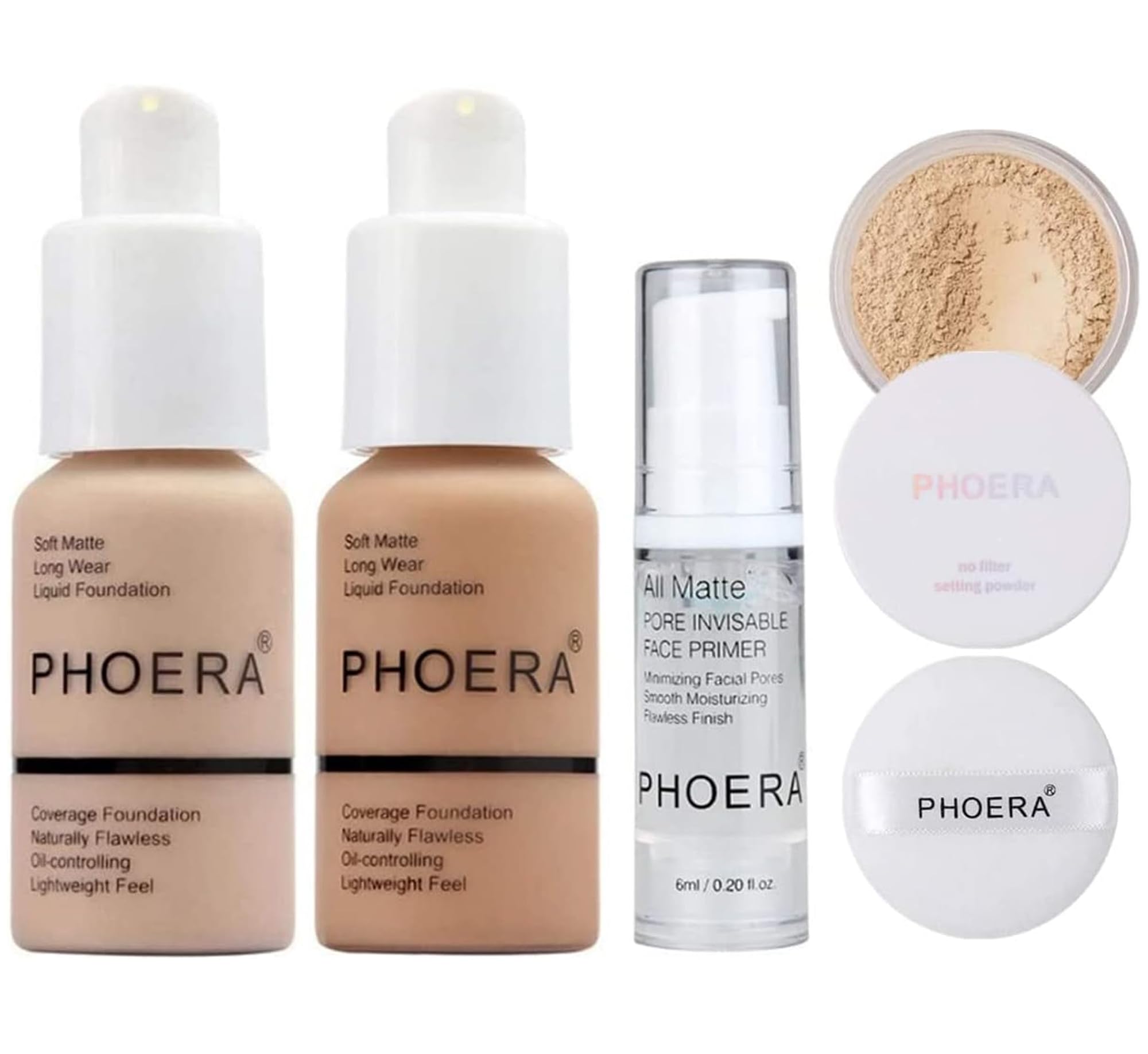 Phoera Foundation Full Coverage Makeup Set - Includes Nude & Buff Beige 30ml Matte Foundation, 6ml Face Primer & Cool Beige Setting Powder for All Day Wear Without Creasing, Caking, or Flashback