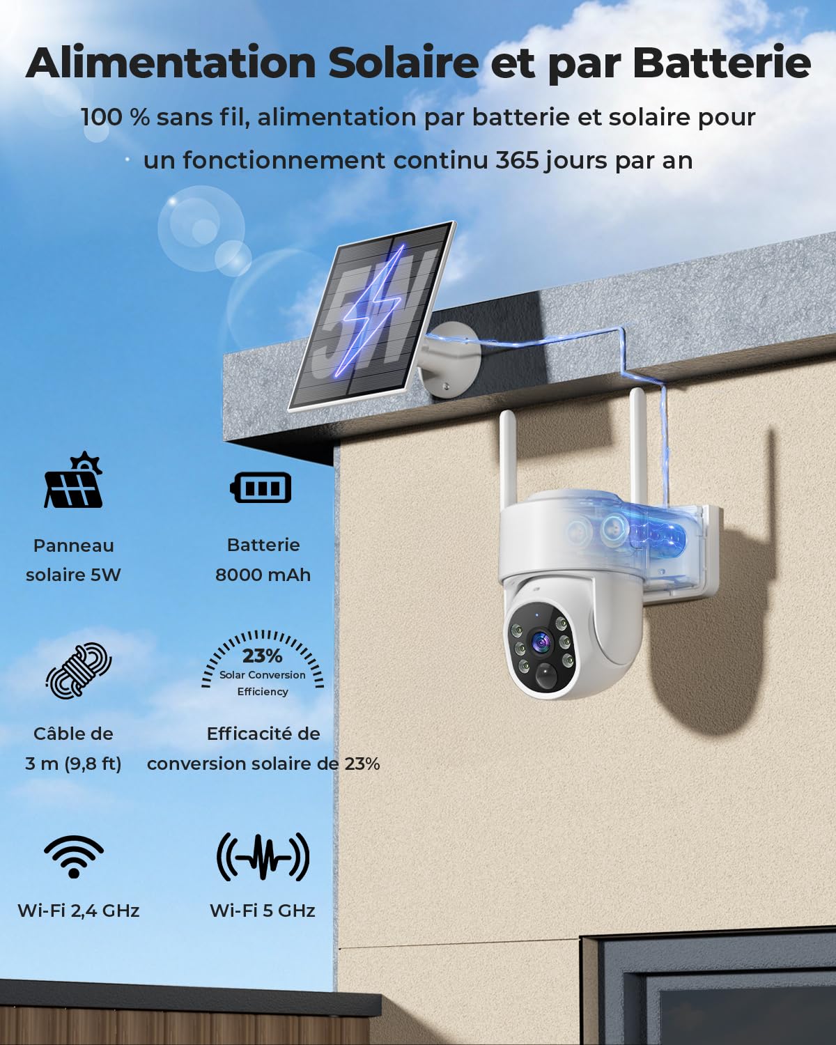 WESECUU Camera Surveillance WiFi Exterieure sans Fil Solaire 2.5K 4MP avec Panneau Solaire 5W, 360° PTZ, IP66