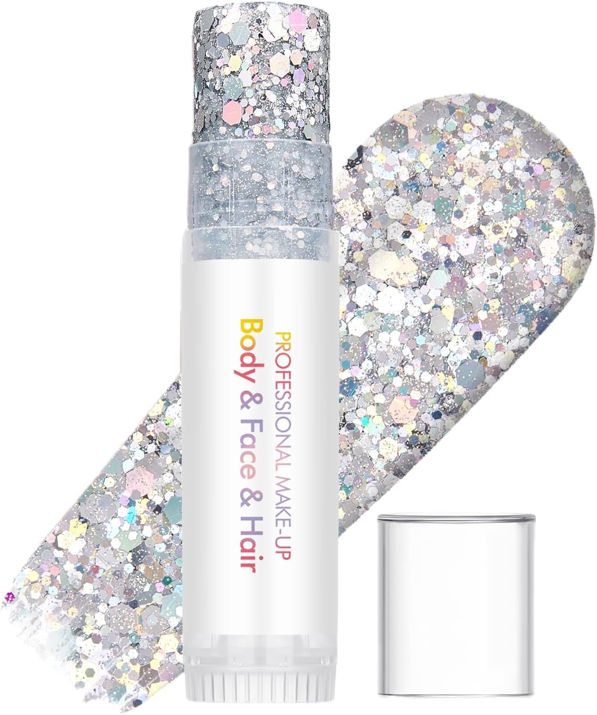 – Glitter Stick for Face, Body & Hair – Highlighter Makeup Stick with Chunky Holographic Shimmer, Waterproof Sparkle Powder for Festivals, Parties, Halloween & Christmas (Silver 01)