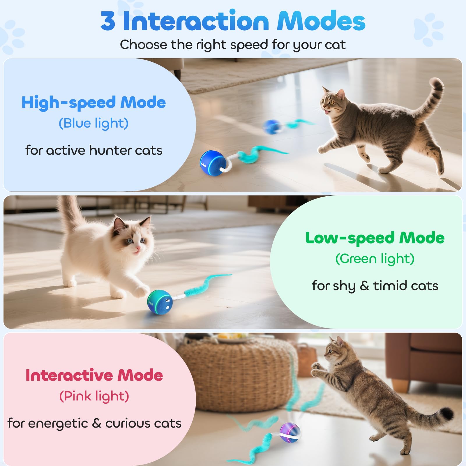 Automatisches interaktives Katzenspielzeug für Indoor-Katzen, sicher für Teppiche mit verhedderungsfreiem Schwanz, 3 Touch-Aktivierungsmodi, 800-mAh-Akku mit hoher Kapazität, 6 Stück