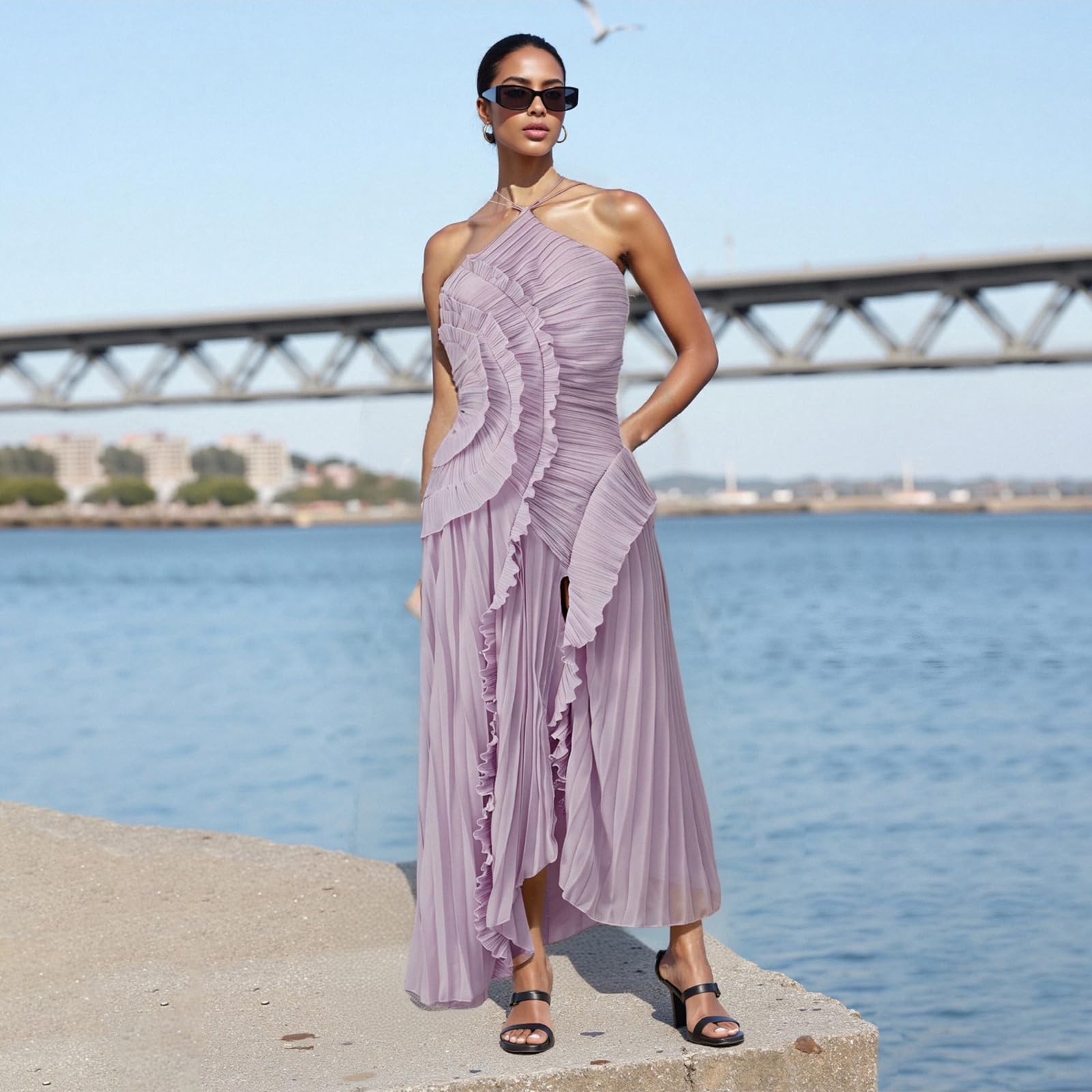 Vestido largo plisado con volantes para mujer, sin mangas, cuello halter, irregular, plisado, de gasa, para invitados de boda