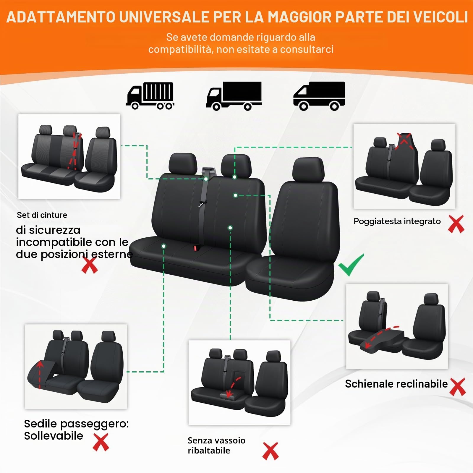 TOYOUN Coprisedili Universali In Ecopelle per Furgoni 3 Posti per La Maggior Parte Dei Furgoni Protezione per Seggiolini Auto Singoli e Doppi Coprisedili 2+1 Nero