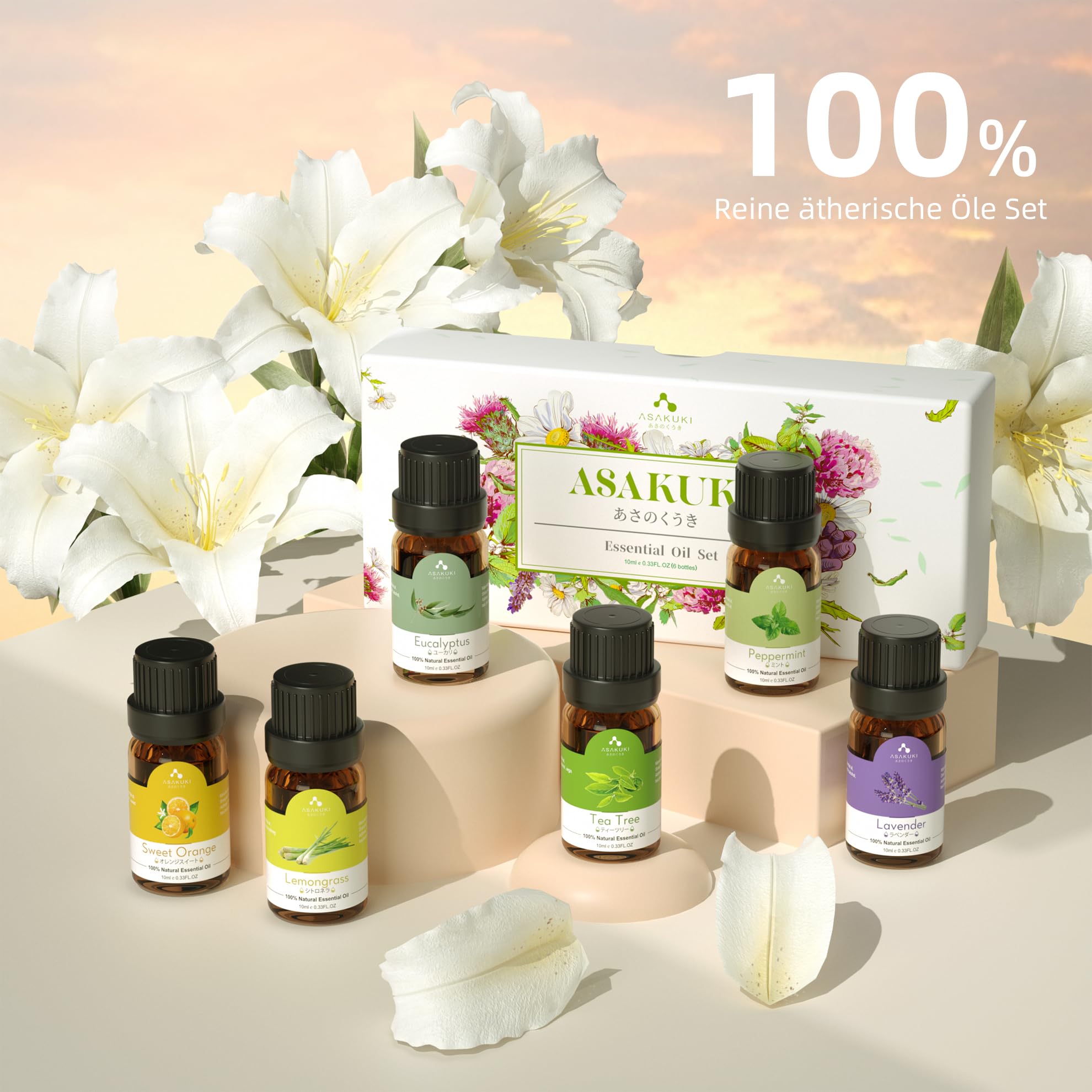 ASAKUKI Aroma Diffuser mit Ätherische Öle Set, 300ml Aromatherapie Luftbefeuchter mit 6 * 10ML Öle Set, 14 LED-Farben & automatischer Abschaltung -Geschenk