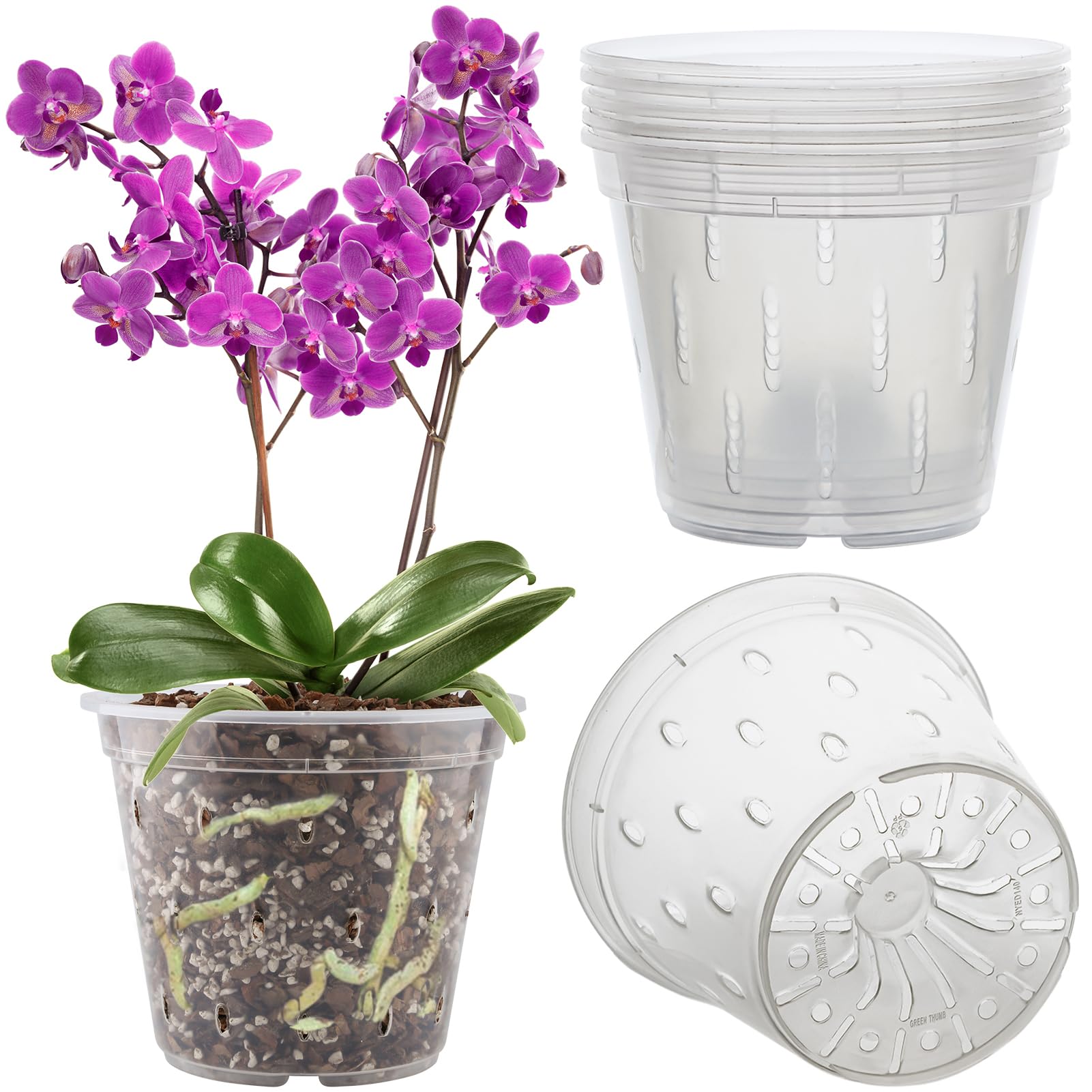REMIAWY Orchid Pot, 6 Pack Orchid Pots with Holes, 5.5 Inch Clear Plastic Flower Planters for Repotting Indoor Outdoor, Breathable Slotted Nursery Planter