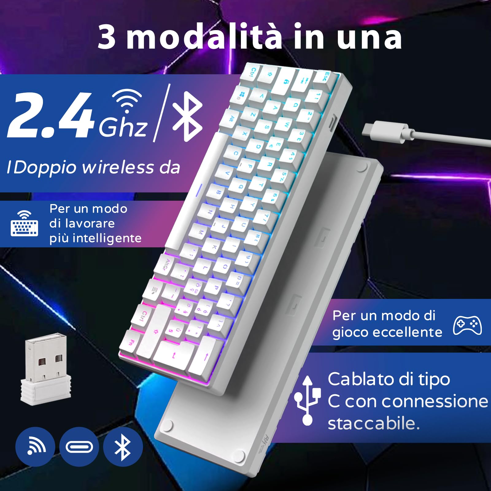 RK61 Tastiera Gaming Meccanica, 60% Tastiera Wireless 2.4Ghz/Bluetooth/USB-C RGB Backlit Interruttore Blu Hot Swap Double-Shot ABS Keycaps Compatibile con Win/Mac, Bianco (QWERTY Layout Italiano)