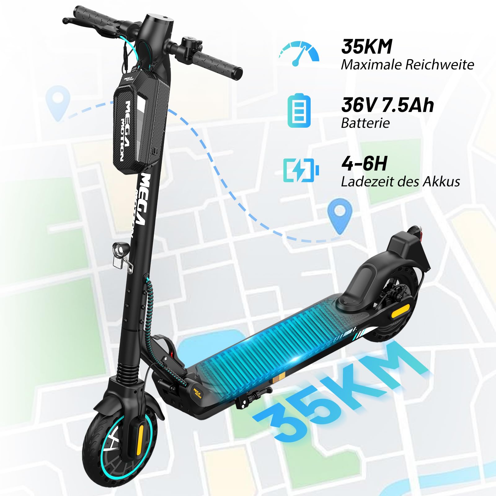 MEGA MOTION Trottinette électrique électrique pliable avec homologation routière et application, moteur de 350 W, plage de 30 à 35 km, 19 km/h, pneu Honeycomb de 8,5", scooter électrique portable