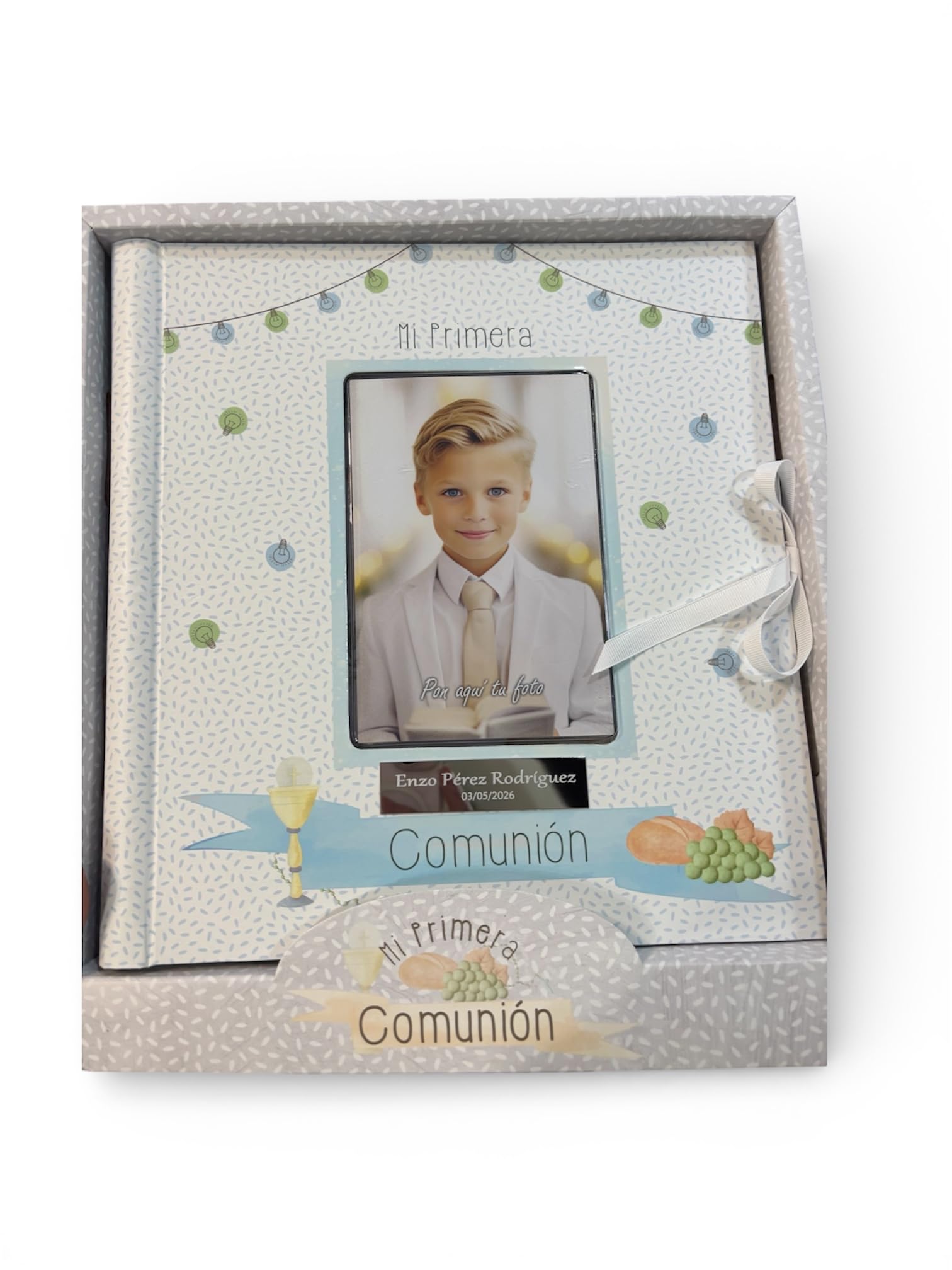 Libro de Comunión para Firmas Personalizado con Nombre y Fecha - Libro de Firmas y Fotos con Placa Grabada (Azul) - 3