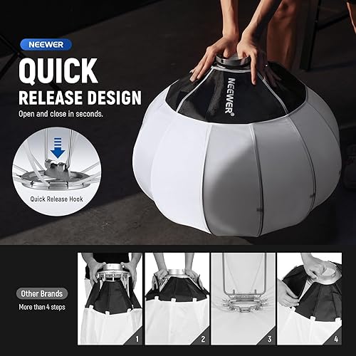 Miniatura 10 de NEEWER Caja de luz de linterna de 26 "65 cm, difusor de luz de liberación rápida 360 Bowens Mount Softbox con aleación de nailon ligero para RGB