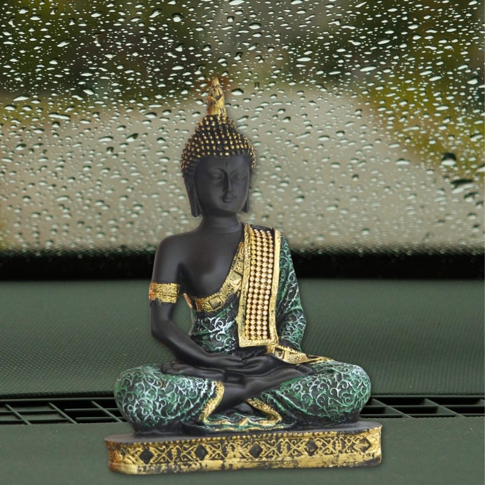 DK Art 9" Inch Buddha Statue for Home Decor, Antique Thai Shakyamuni Sitting Statue polyResin with Bronze Finish, Great Gifting & Decoration for Meditation Idol (Green)