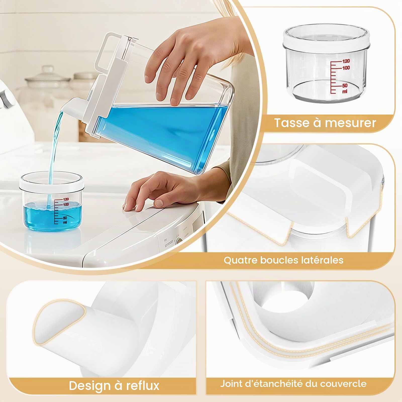 Yorbay Lot de 5 unités de stockage de détergent : distributeur de détergent transparent avec gobelet doseur et étiquettes, récipient avec couvercles en bambou et cuillères pour lessive en poudre