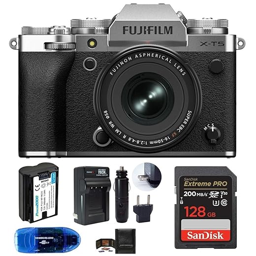 Fujifilm X-T5 Mirrorless Digital Camera with XF 16-50mm f/2.8-4 R LM OIS Lens (Silver) Bundle, Includes: SanDisk 128GB Extreme PRO SDXC Memory Card, Spare Battery + More (6 Items)