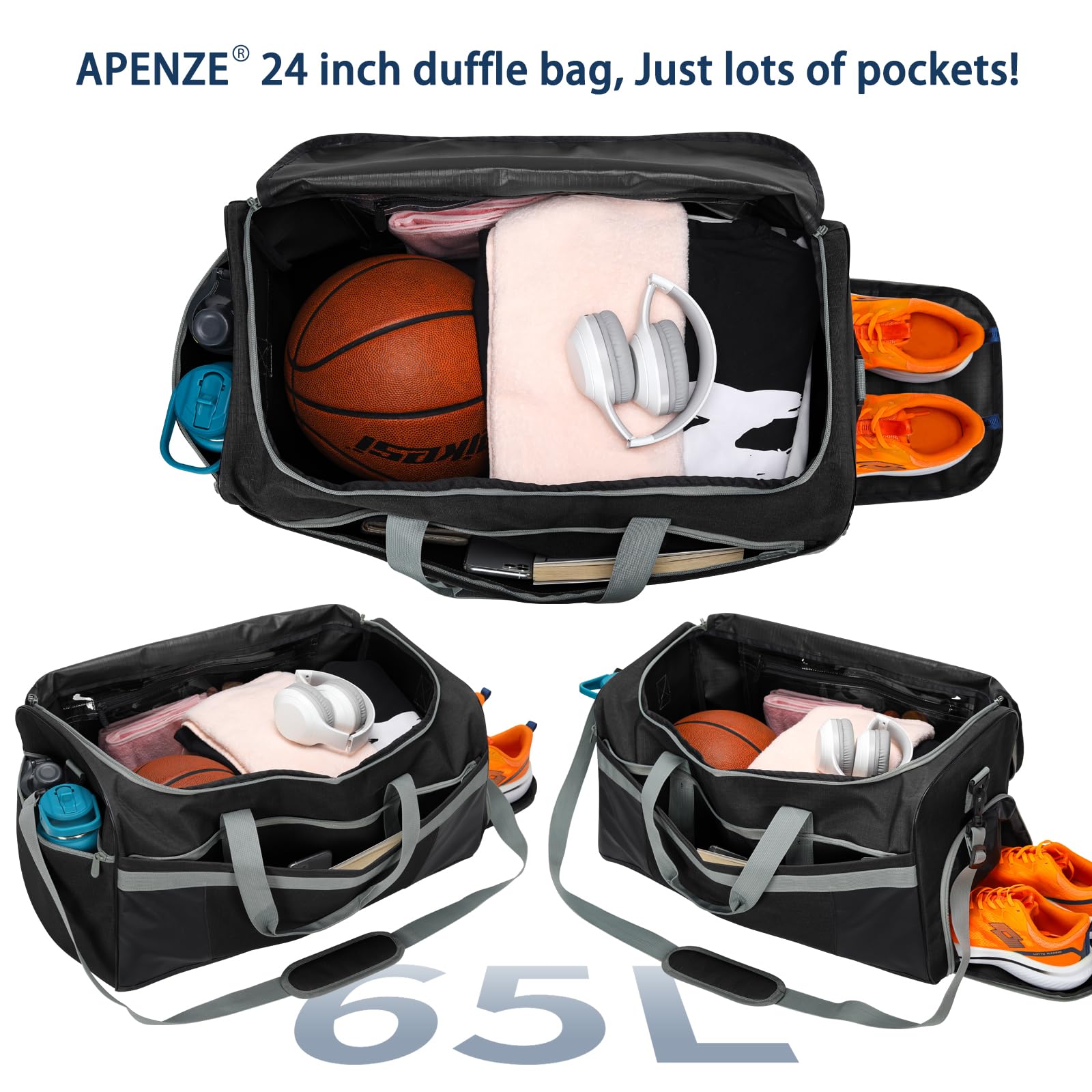 Apenze Bolsa deportiva de gimnasio para hombre de 65 L con compartimento para zapatos y mojados, Black, Bolsa de gimnasio para hombre