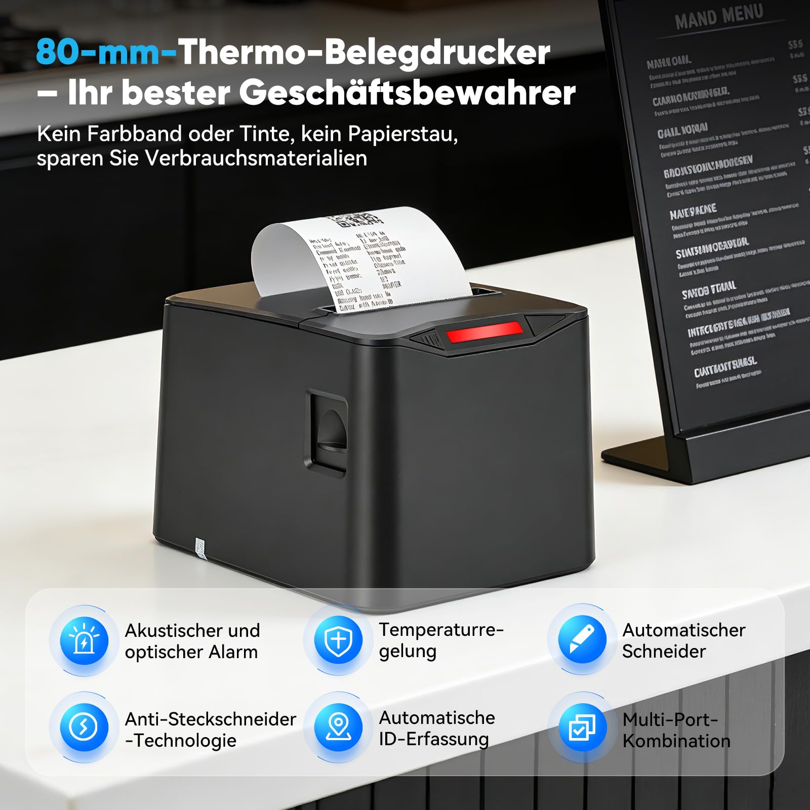 Bondrucker 80mm Thermodrucker, Belegdrucker mit USB & Ethernet (LAN), 220mm/s Hoher Geschwindigkeit, Automatischer Schneider, Quittungsdrucker für Kasse, Gastronomie, Kompatibel mit Mac/Windows/Linux