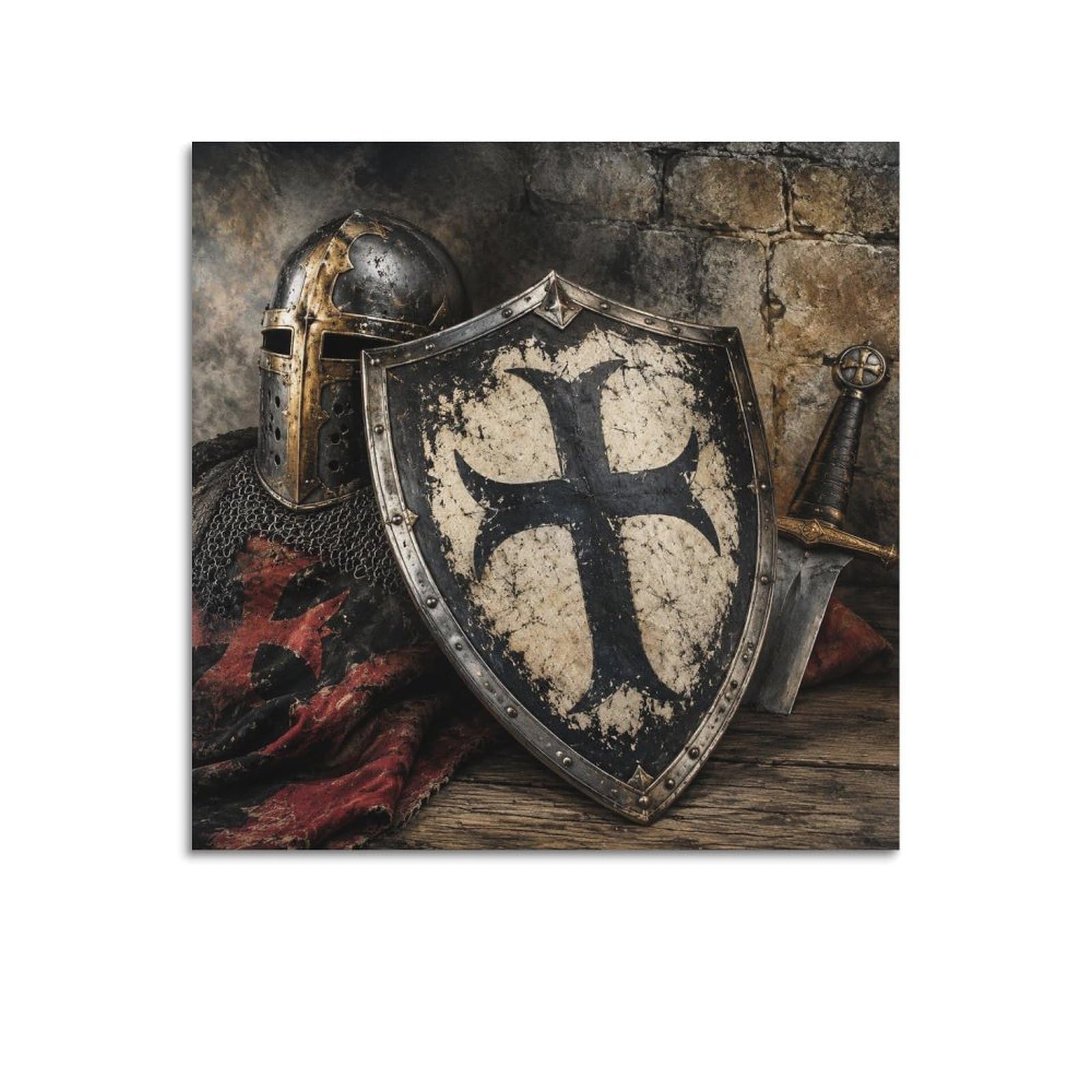 XKUGA Medieval Knight Enamel Poster Black Teutonic Shield Relic Modern Decorative Canvas Prints - Ideal Wall Art for Family, Man Cave, Game Room, Boys & Girls Bedroom 12x12inch(30x30cm)