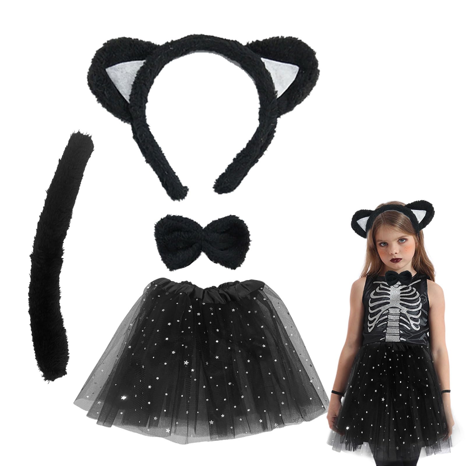 TSHAOUN Conjunto de Cosplay de Gato, Disfraz de Gato Accesorios Princesa Tutu Falda Orejas de Gatito de Gato Collar Cola de gato para Halloween Fiesta Cumpleaños