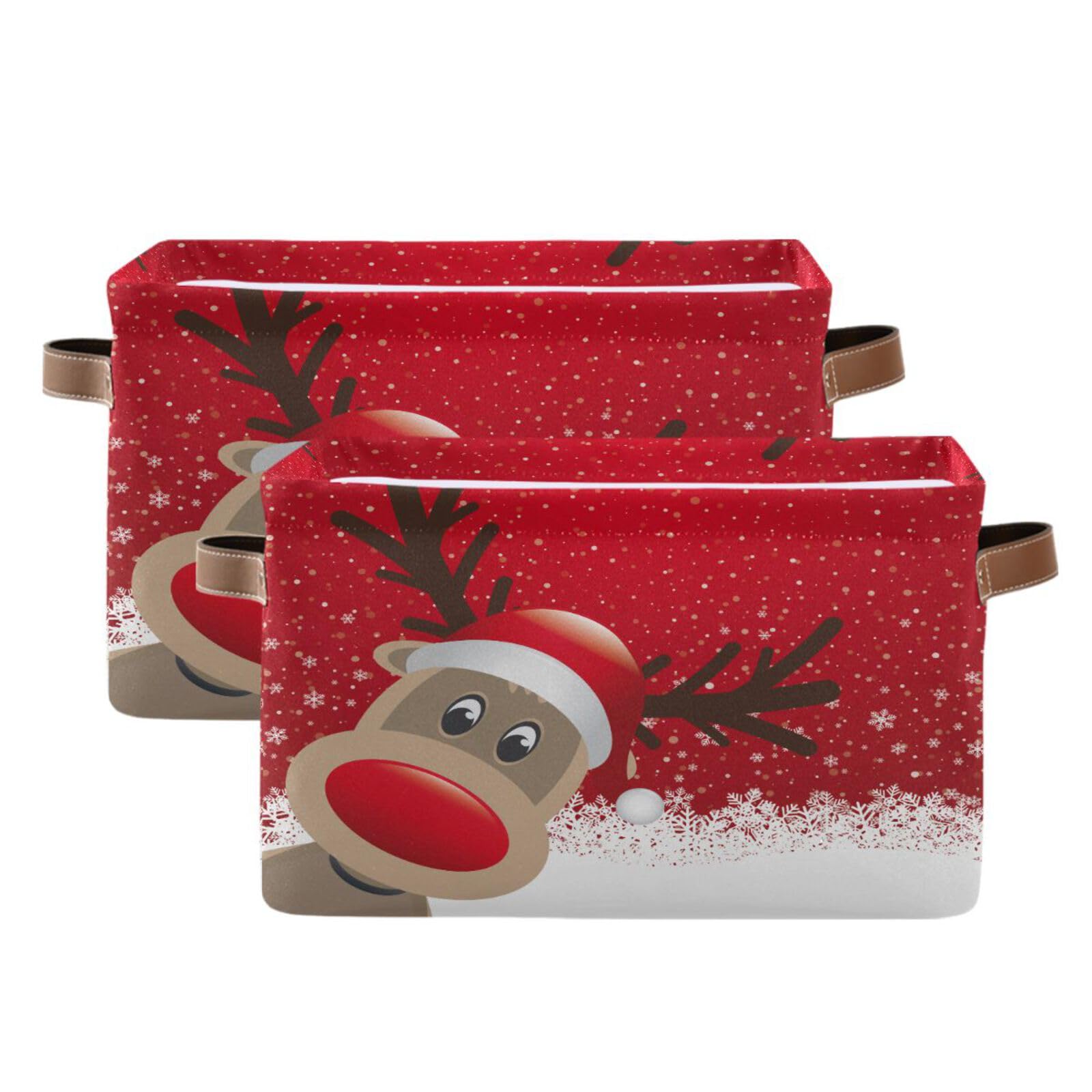 Christmas Reindeer White Snowflakes on Red Storage Basket for Shelves for Organizing Closet Shelf Nursery Toy, Fabric Collapsible Storage Organizer Bins Decorative Baskets with Handles Cubes 1 Pack