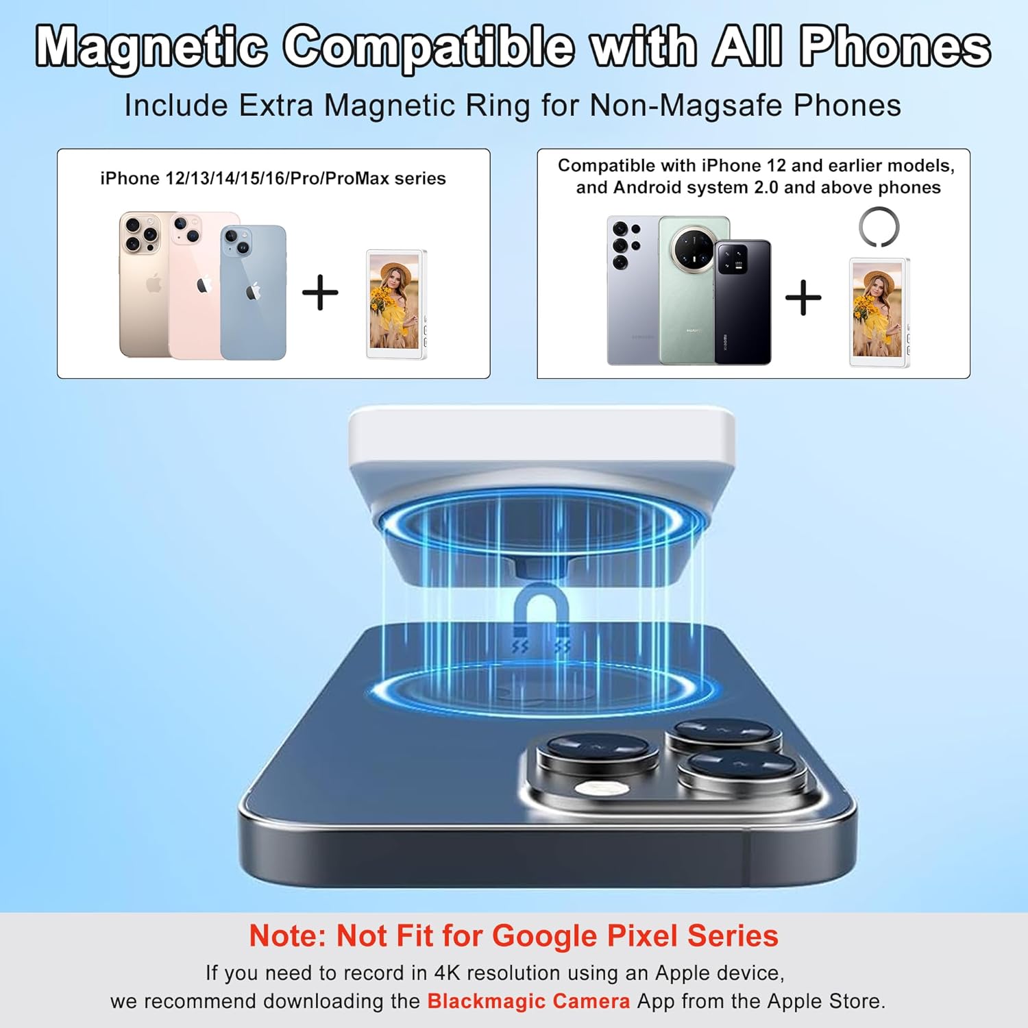 Magnetic Vlog Selfie Monitor Screen: 1080P Back Camera Monitor for iPhone and Android with Bluetooth Remote 1800mAh Real-time Screen No Delay for Media Content Creators