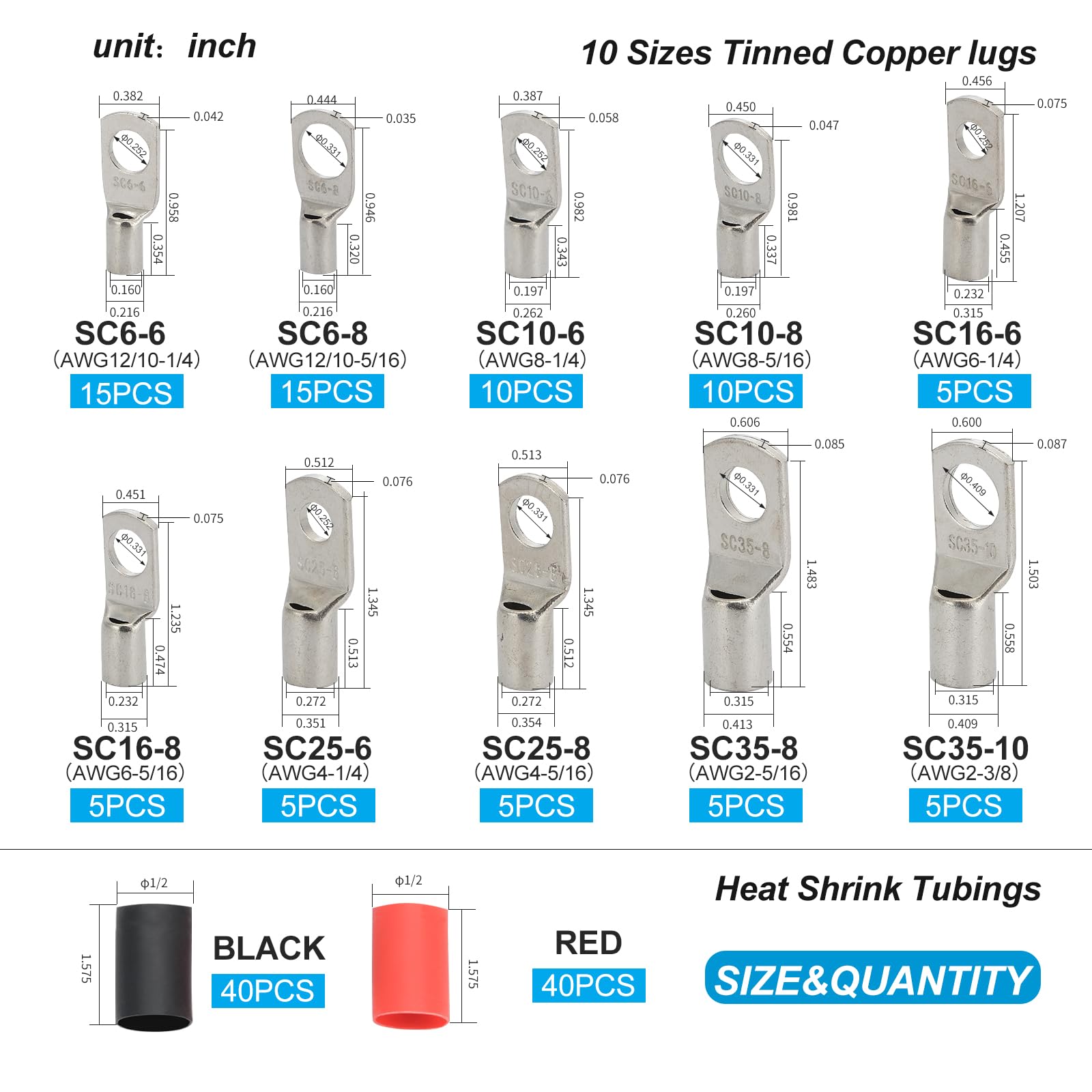 Terminales de cobre gruesos, terminales de cable eléctrico, AWG2 4, 6, 8, 10, calibre 12, 80 conectores de terminal de anillo de extremo de cable de batería estañados resistentes con 80 tubos